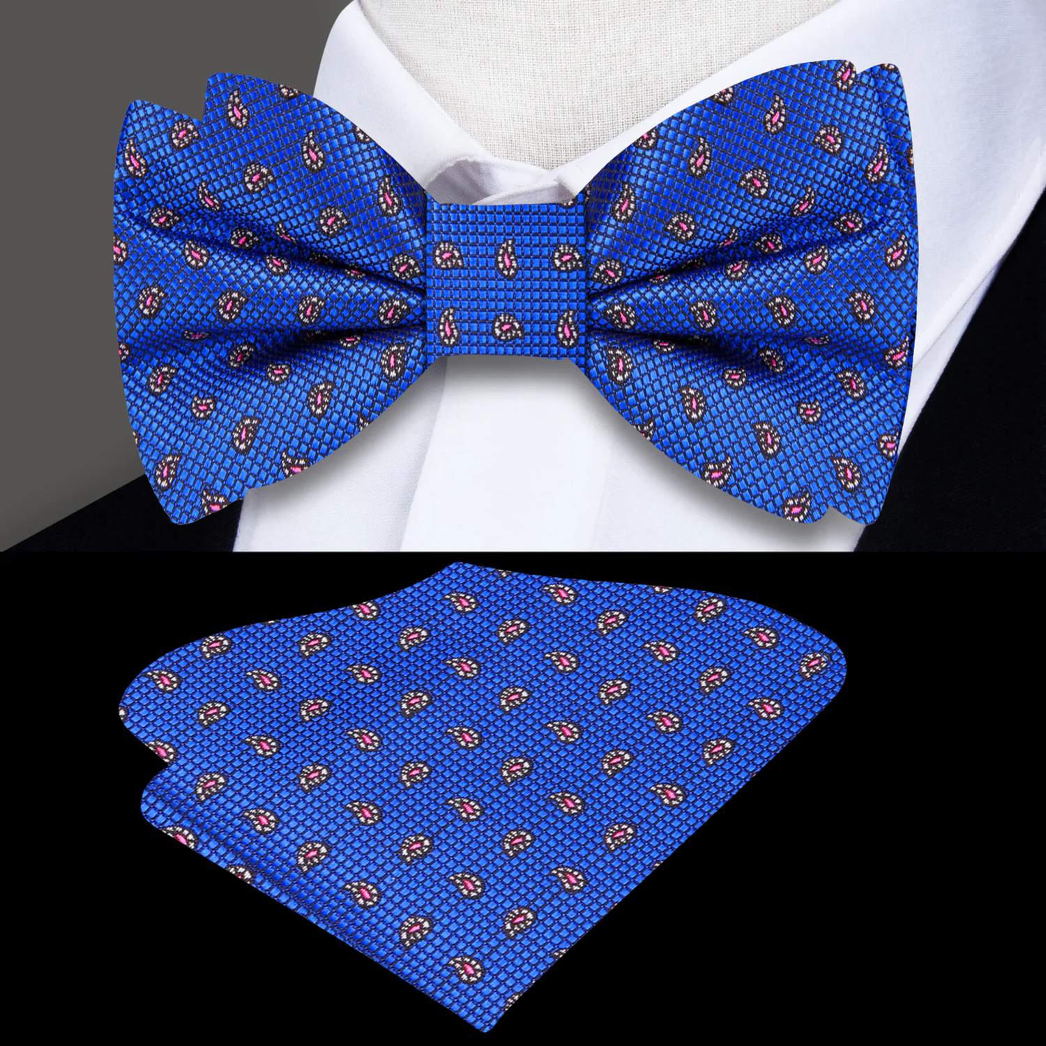 A vibrant blue  bow tie with a small paisley pattern, paired with a coordinating pocket square,