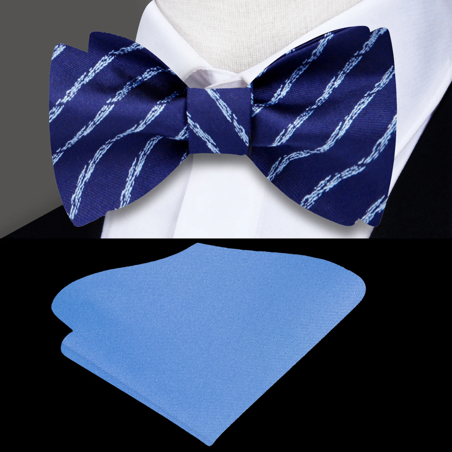 A Dark Blue, Light Blue Stripe Pattern Self-Tie Bow Tie, Blue Pocket Square