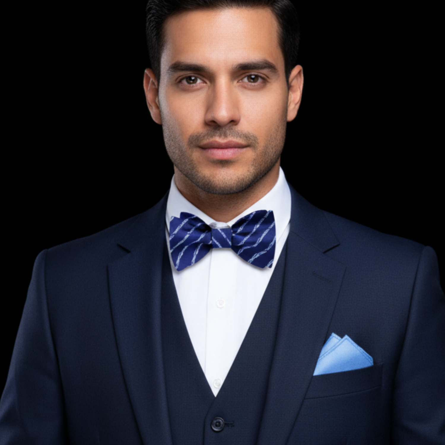 Blue, Light Blue Stripe Tie and Light Blue Square on man