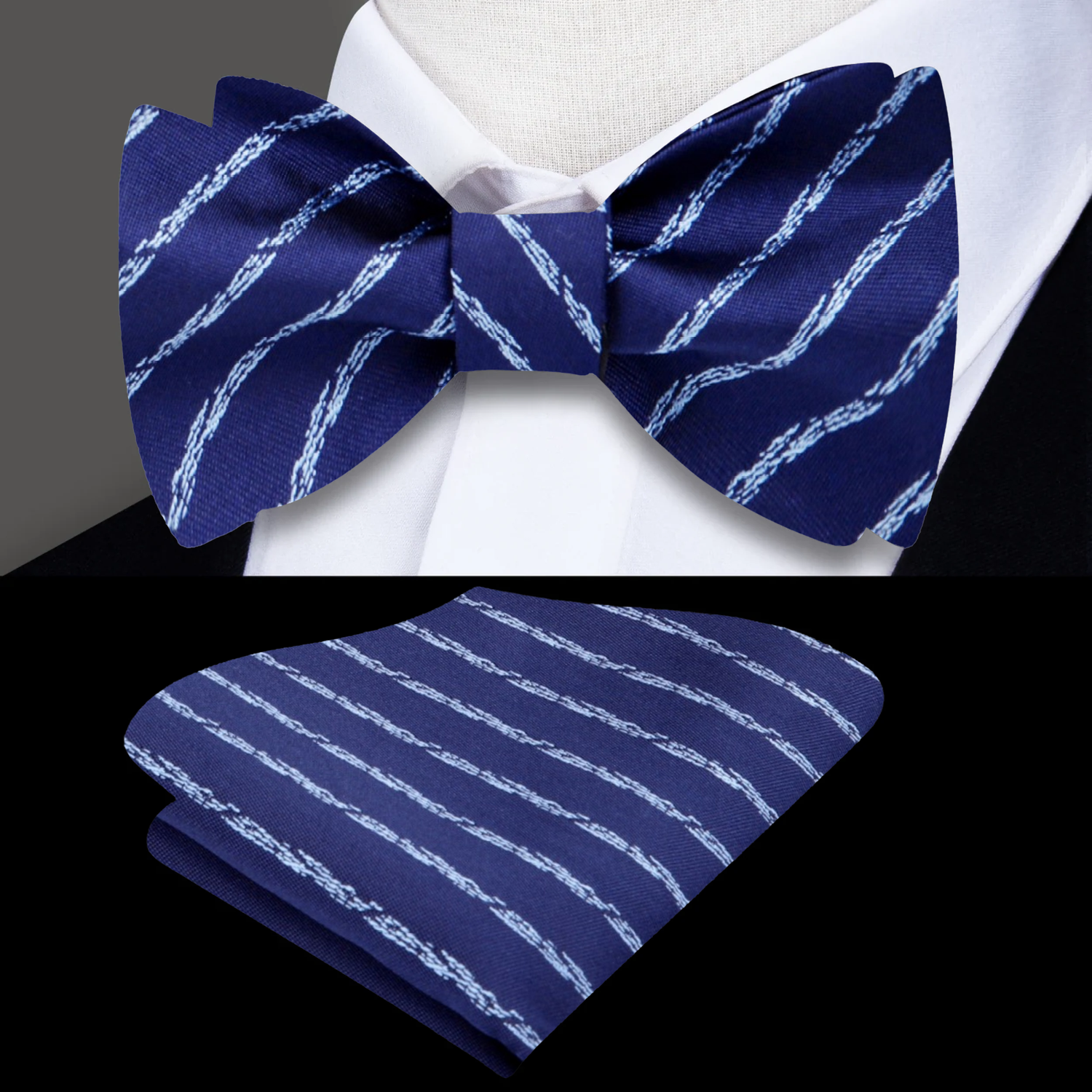 A Dark Blue, Light Blue Stripe Pattern Silk Self-Tie Bow Tie, Matching Pocket Square