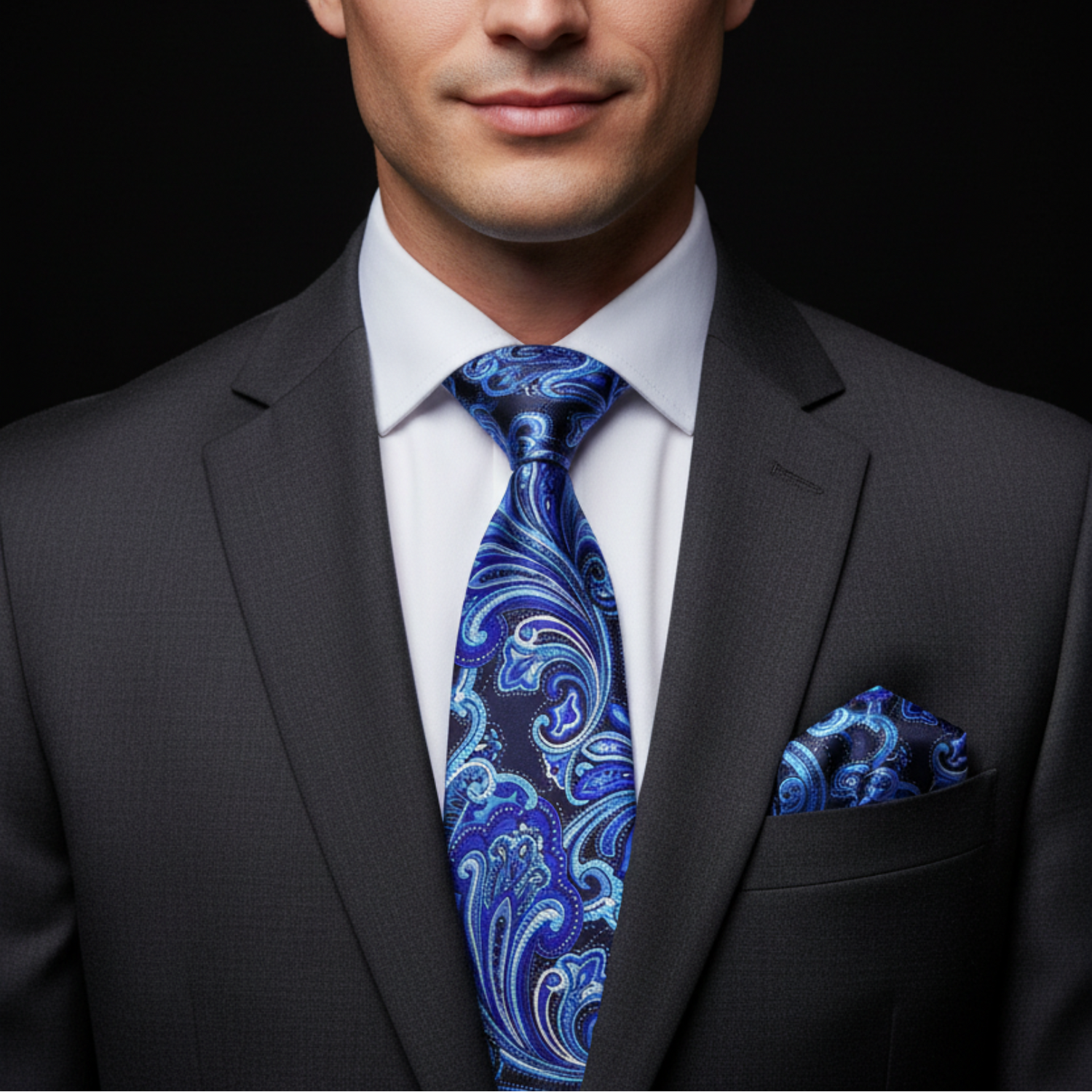 Blue Black Paisley Tie and Square on man