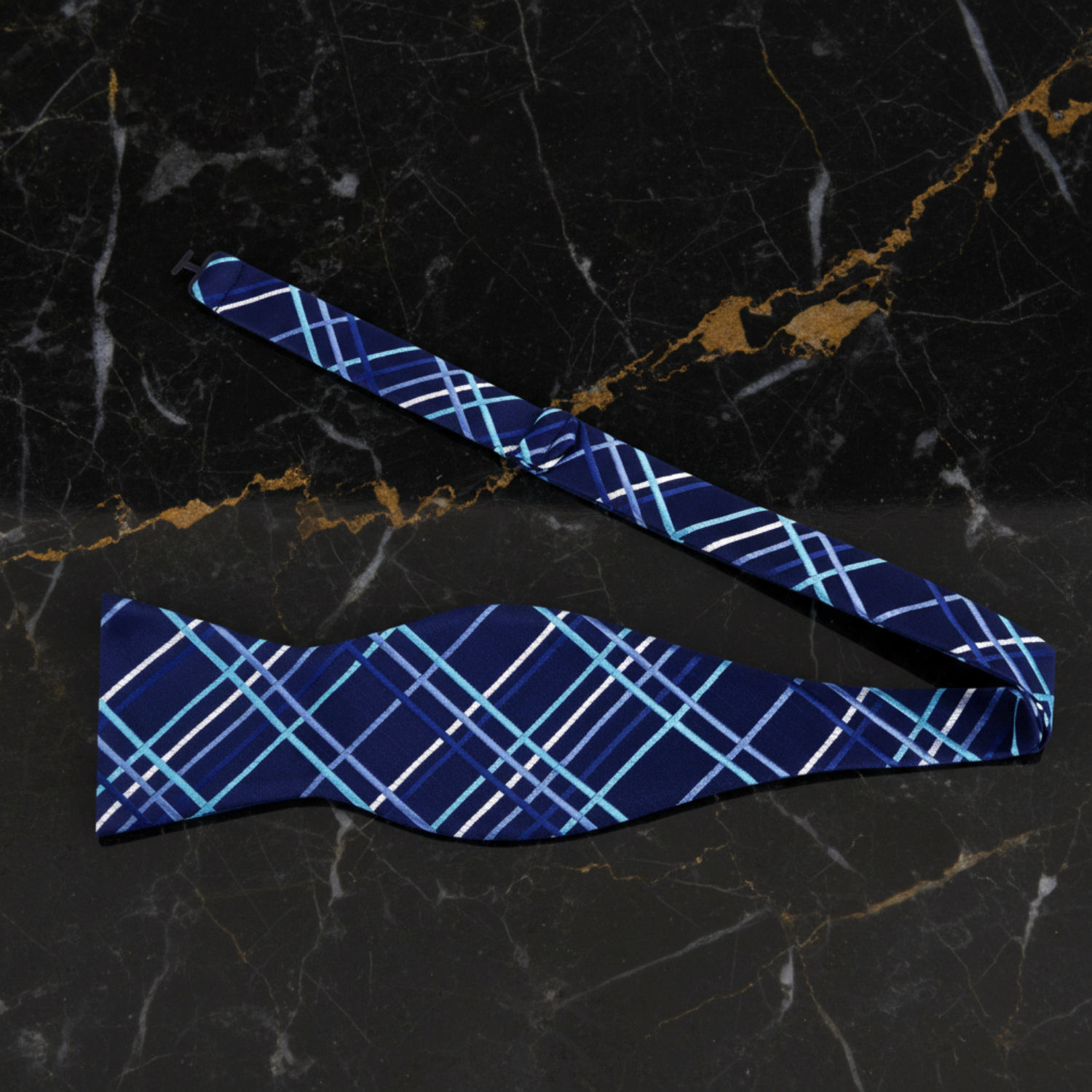 A Dark Blue, Light Blue, Blue Plaid Pattern Self Tie Bow Tie 