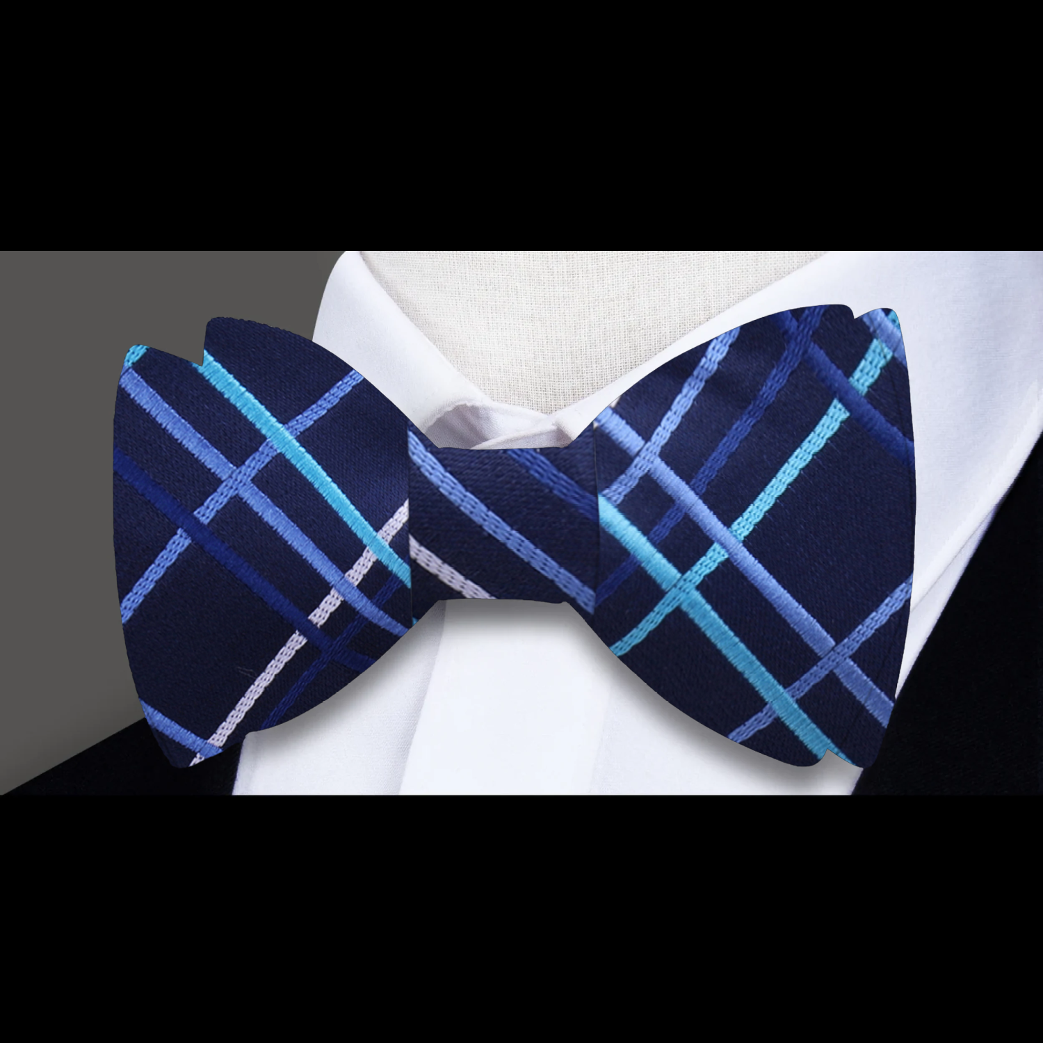 Blue, Light Blue Plaid Bow Tie