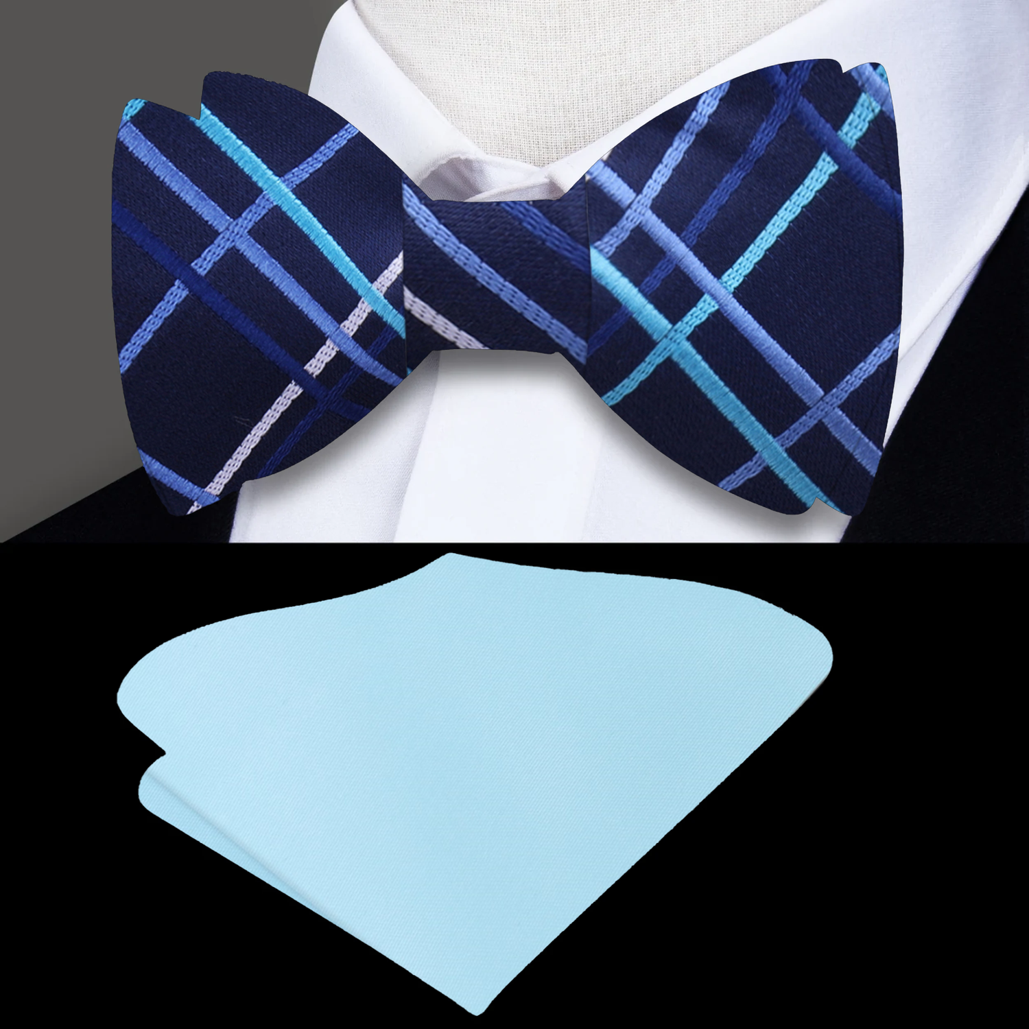 Blue, Light Blue Plaid Bow Tie and Blue Square