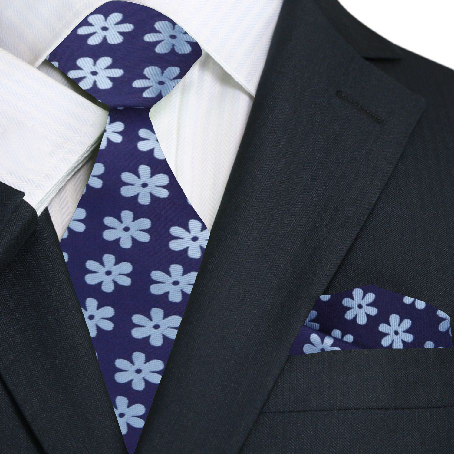 Premium Light Blue Daisies Tie and Pocket Square