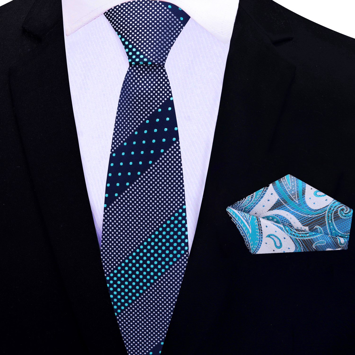 Thin Premium Blue and White Dots Tie and Square