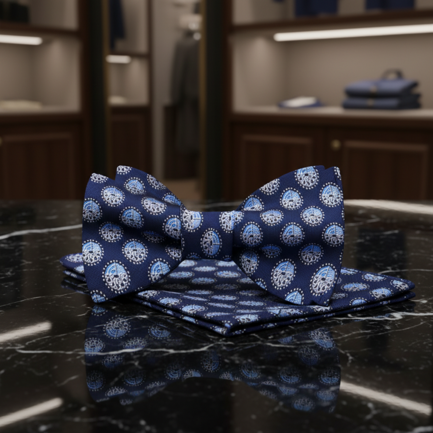 A Blue Polka Pattern Self Tie Bow Tie, Matching Pocket Square