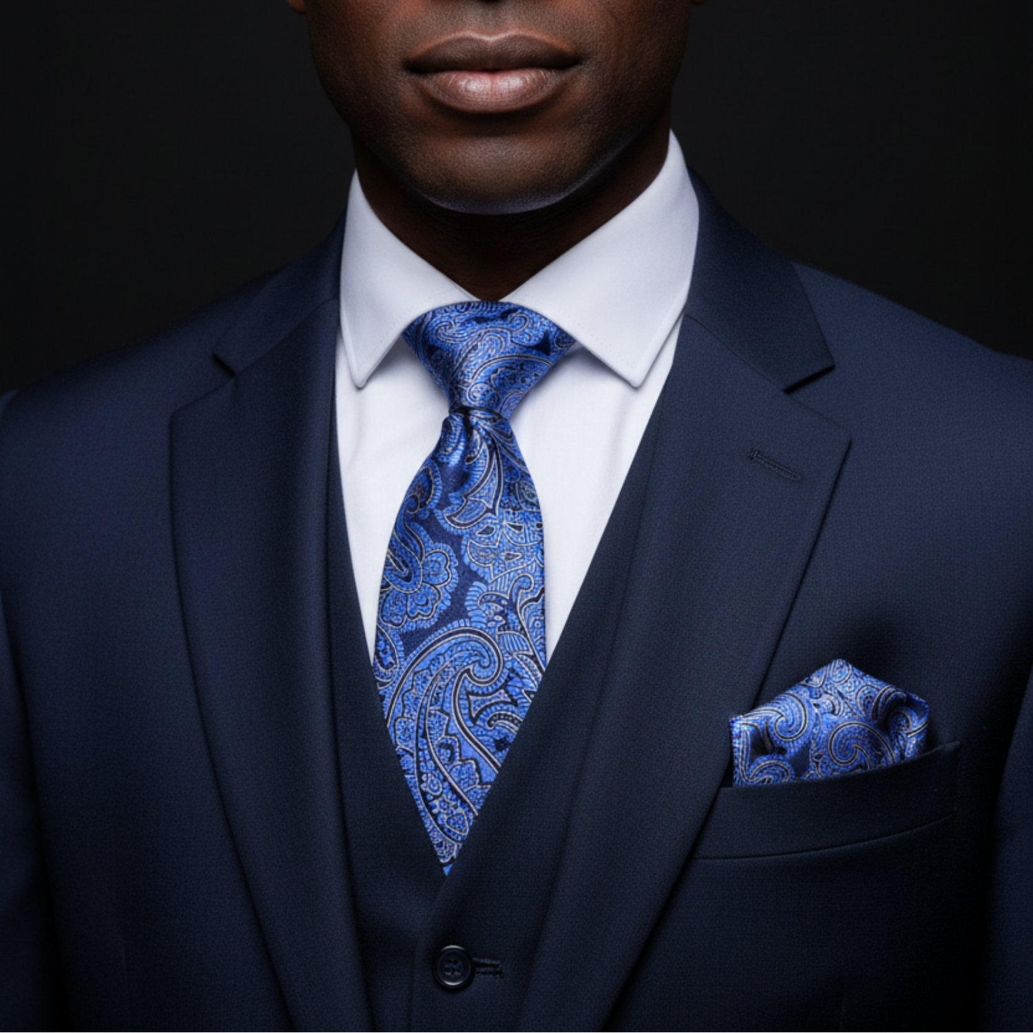 Man wearing a navy suit with a blue paisley tie and pocket square on a black background
