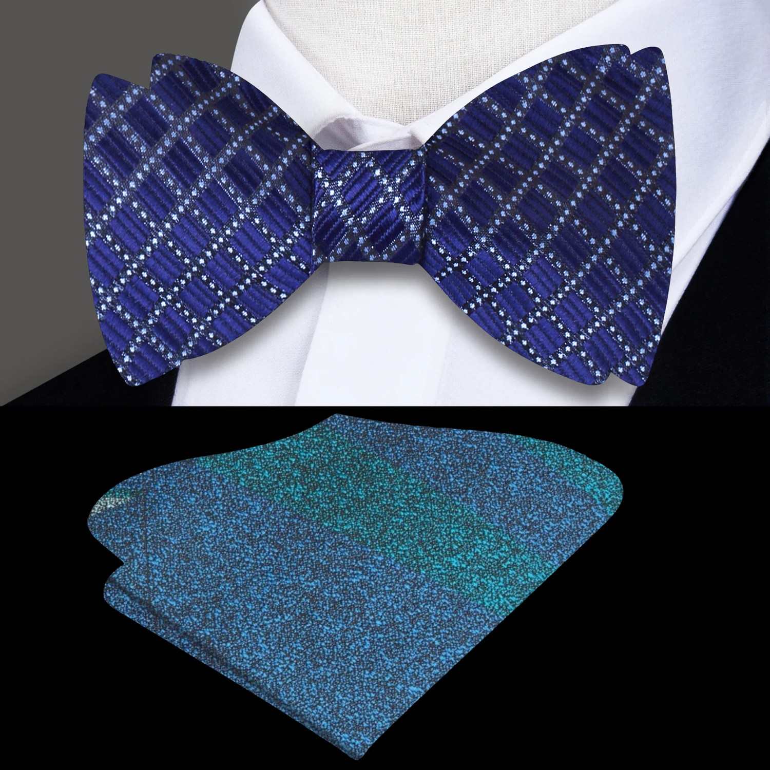 A Blue Small Geometric Check Pattern Self Tie Bow Tie, Accenting Pocket Square