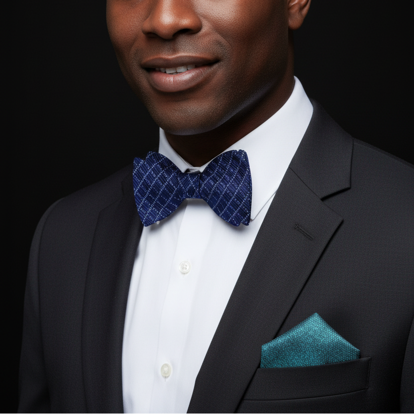 Man wearing a black suit with a blue bow tie and pocket square on a black background