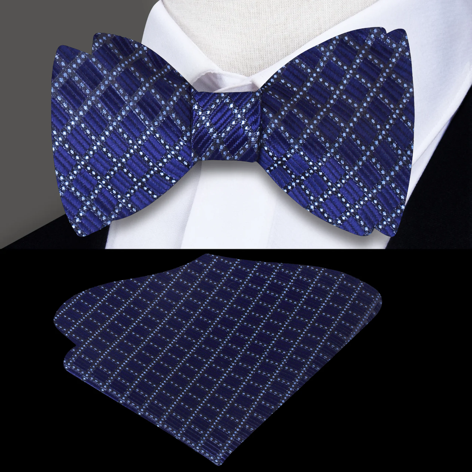 A Blue Small Geometric Check Pattern Self Tie Bow Tie, Matching Pocket Square