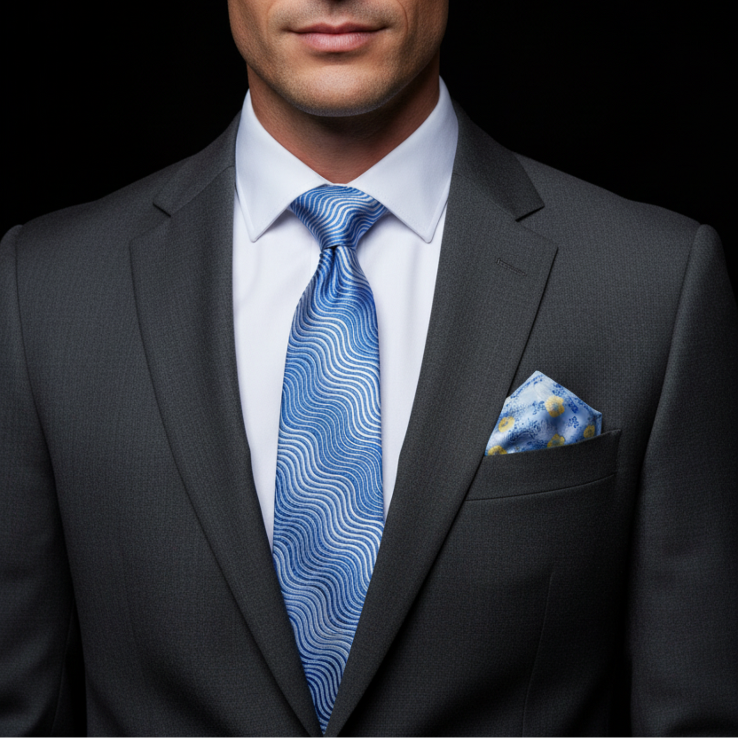 Man wearing a gray suit with a blue patterned tie and pocket square on a black background