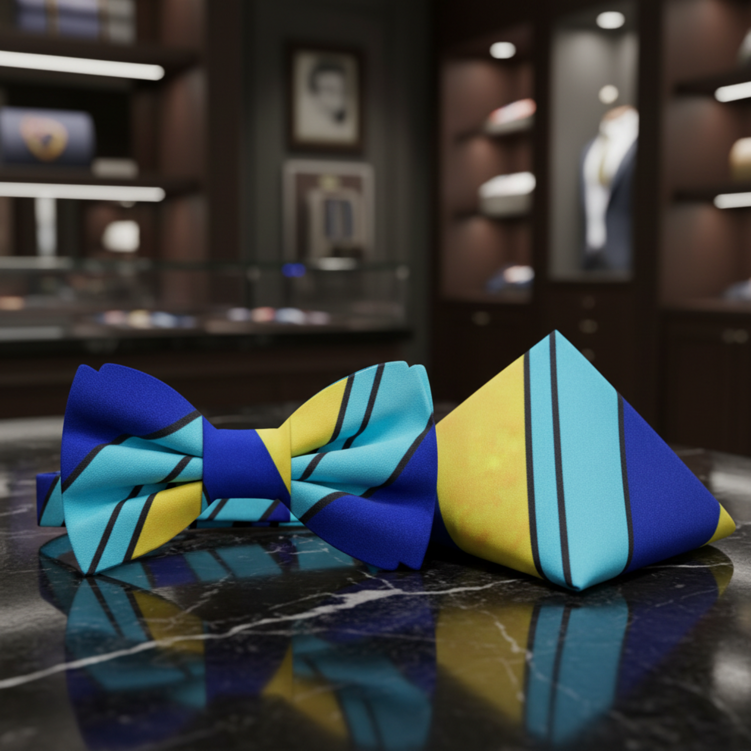 Blue, Yellow Lines Bow Tie and Pocket Square