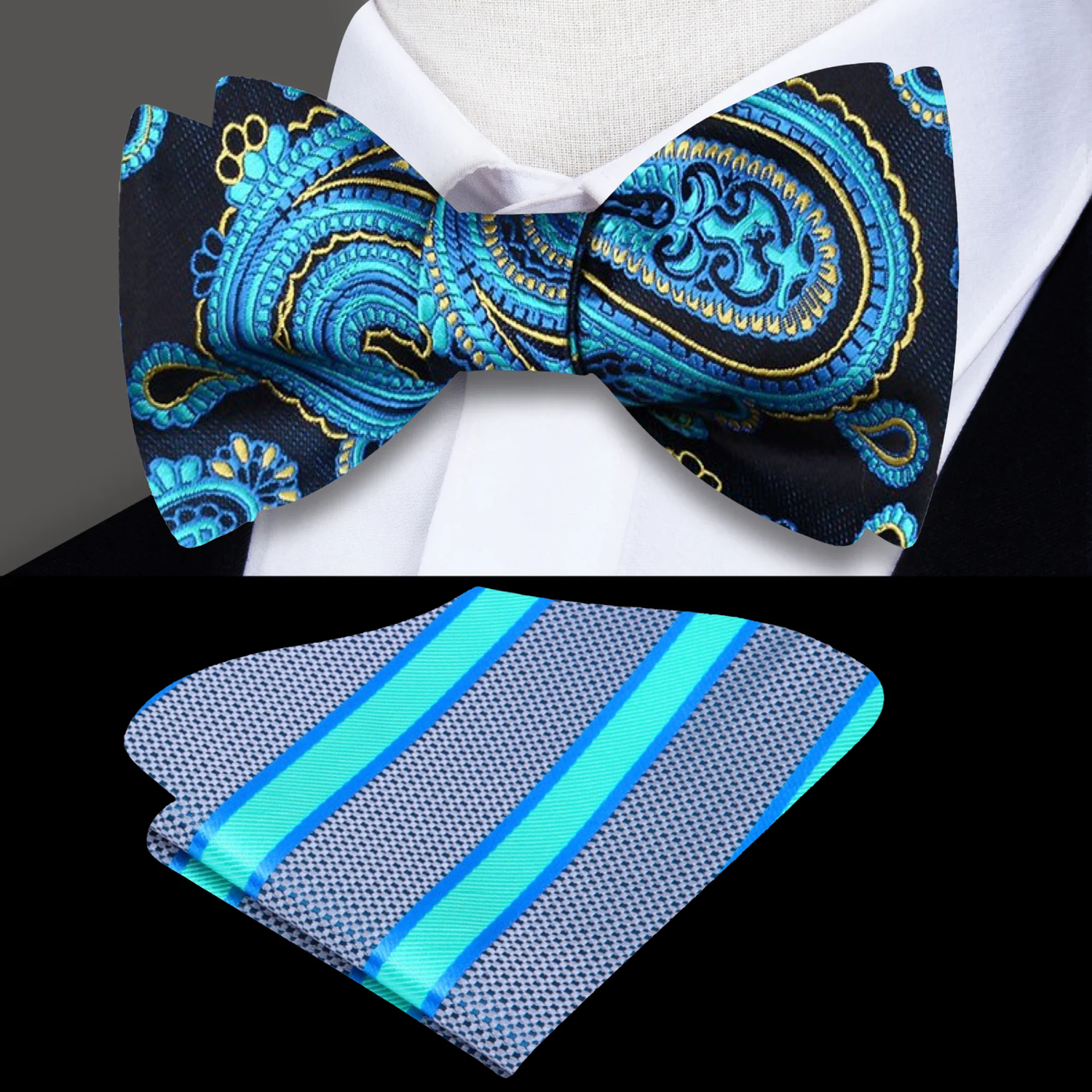 Main View: A Dark Blue, Aqua, Yellow Paisley Pattern Self Tie Bow Tie, Accenting Pocket Square