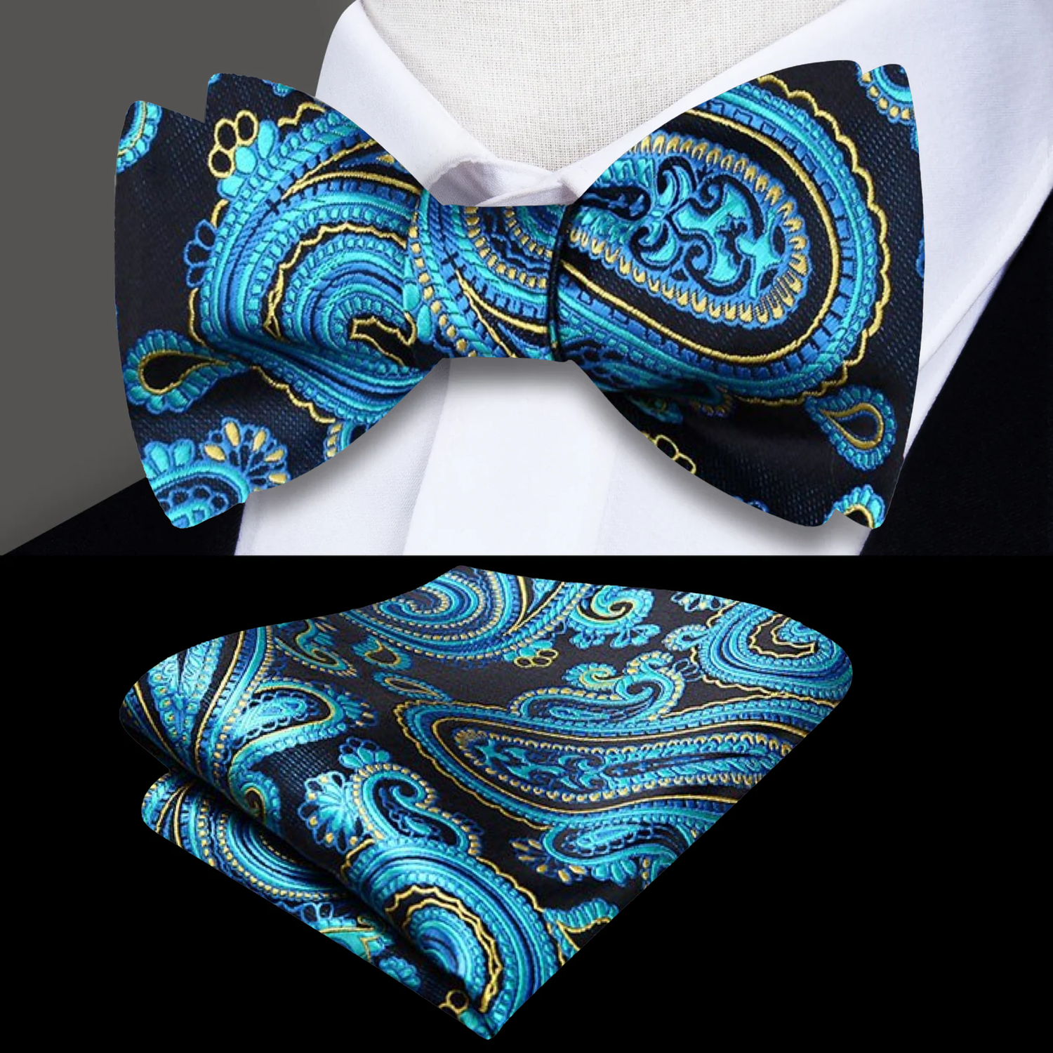 Main View: A Dark Blue, Aqua, Yellow Paisley Pattern Self Tie Bow Tie, Matching Pocket Square