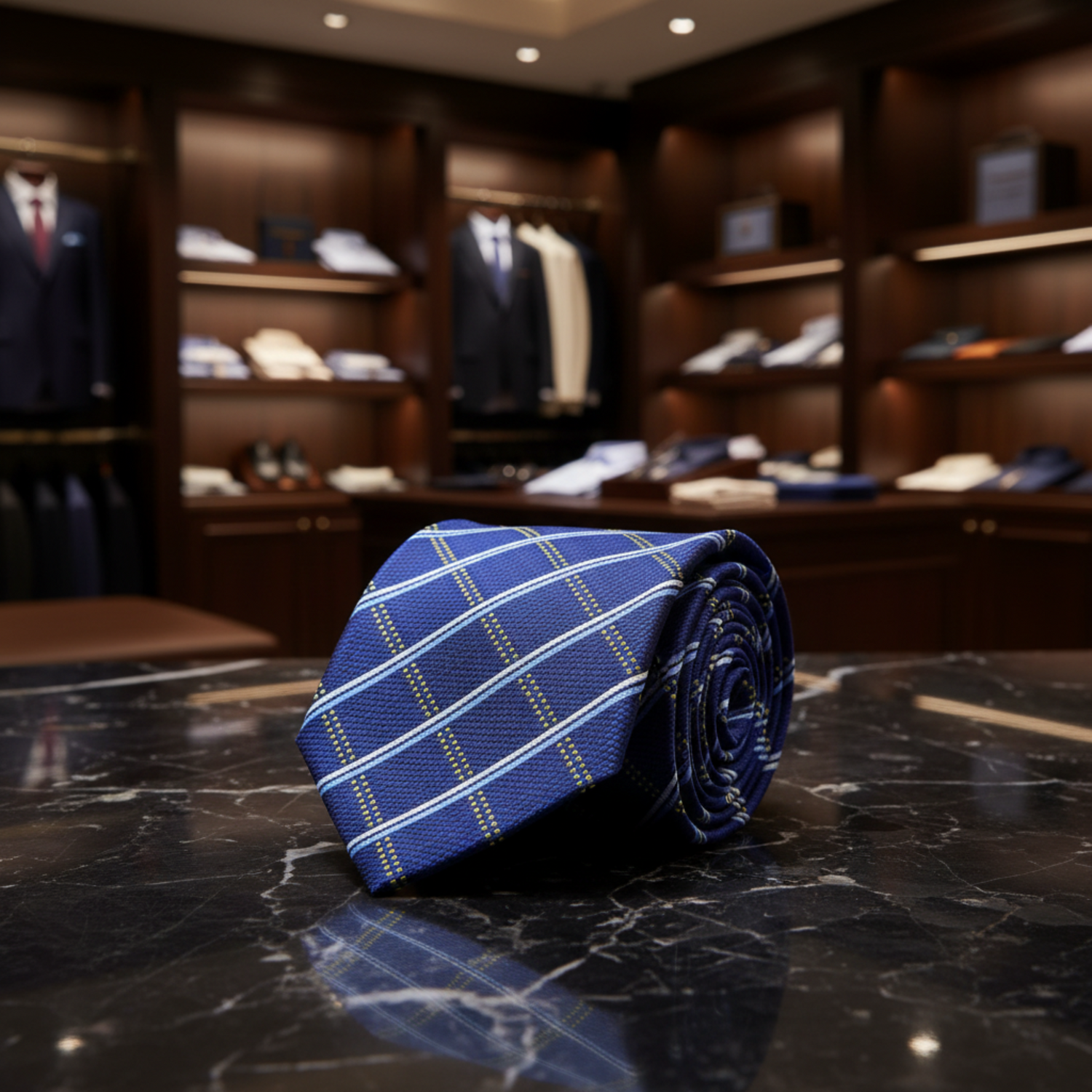 Blue, Light Blue, White & Yellow Plaid Necktie