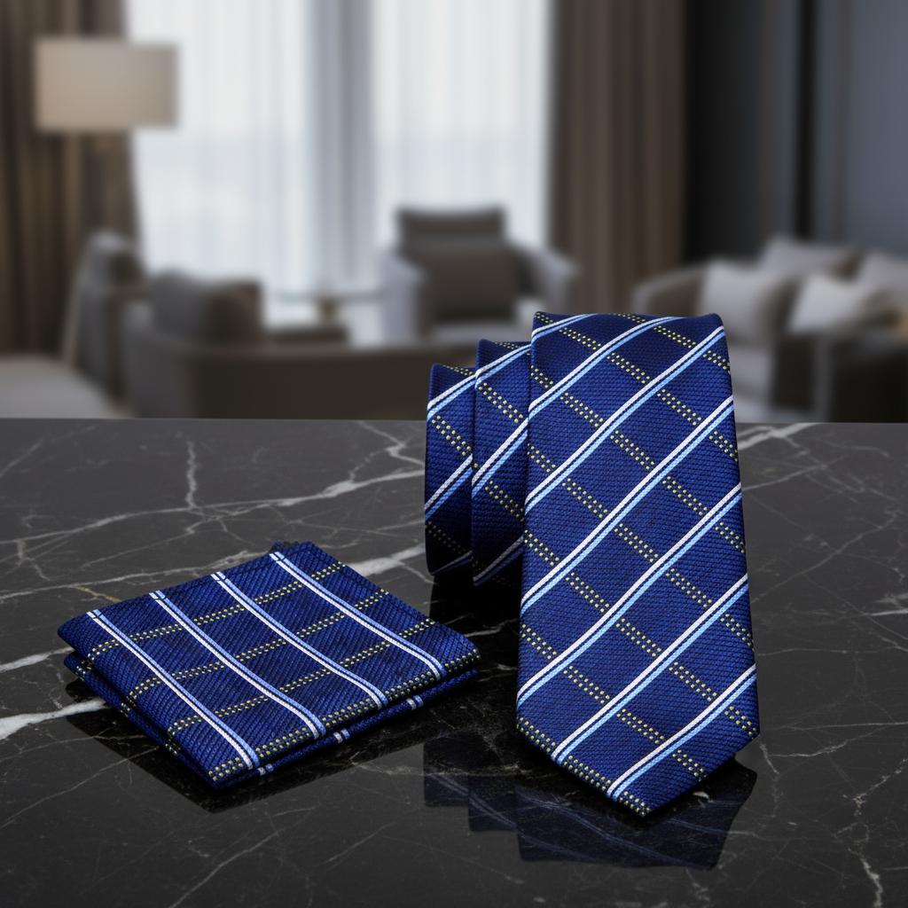 Alt: Blue Plaid Necktie and Square