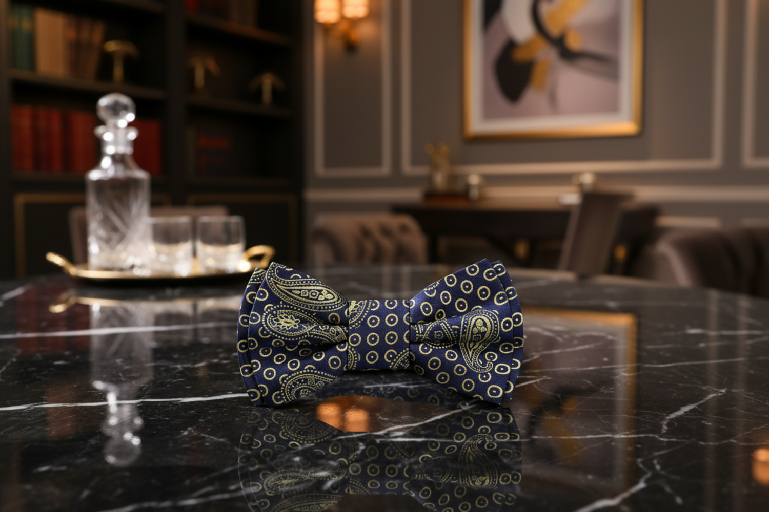 Blue, Light Gold Paisley Bow Tie Pre Tied