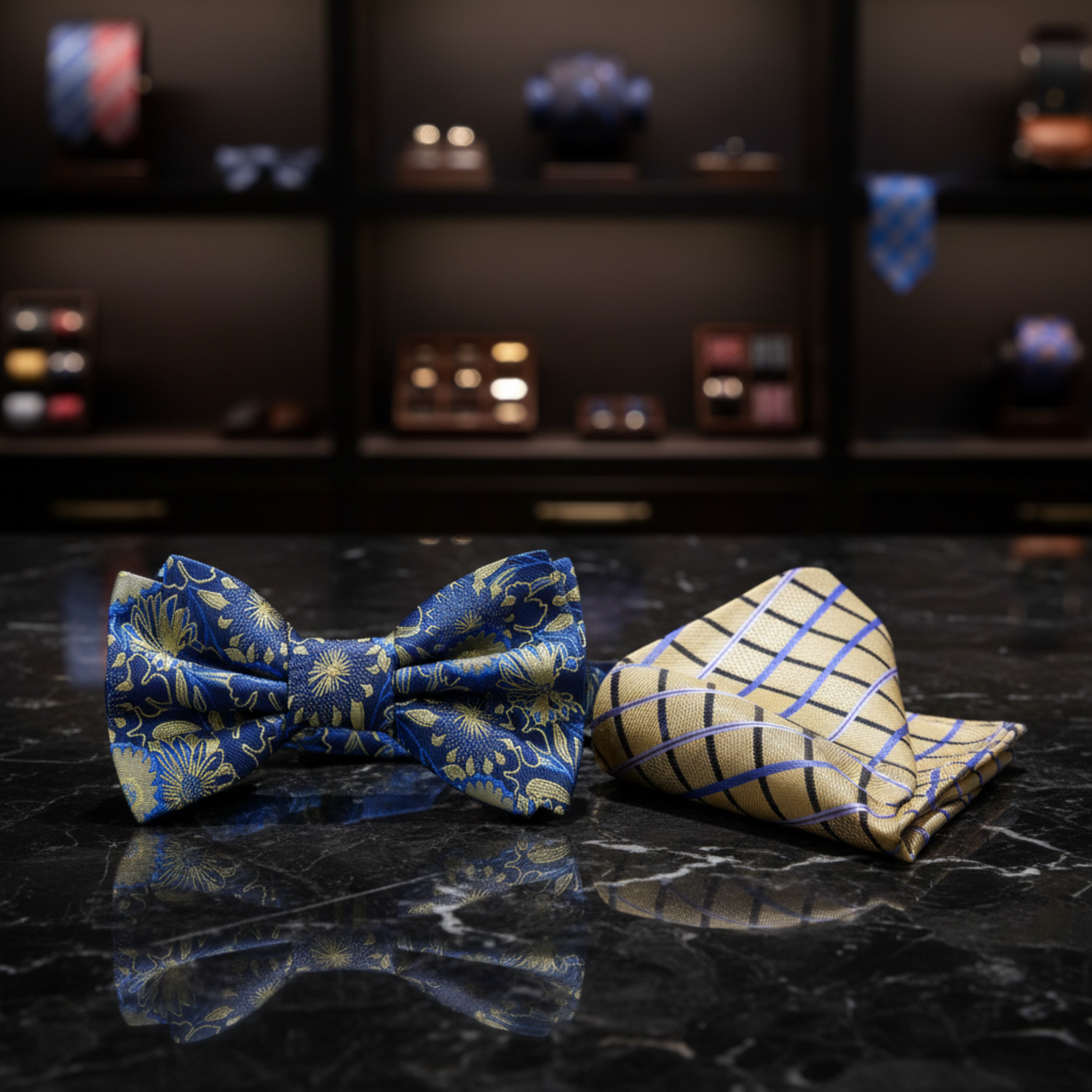 Blue, Gold Flowers Bow Tie and Accenting Square
