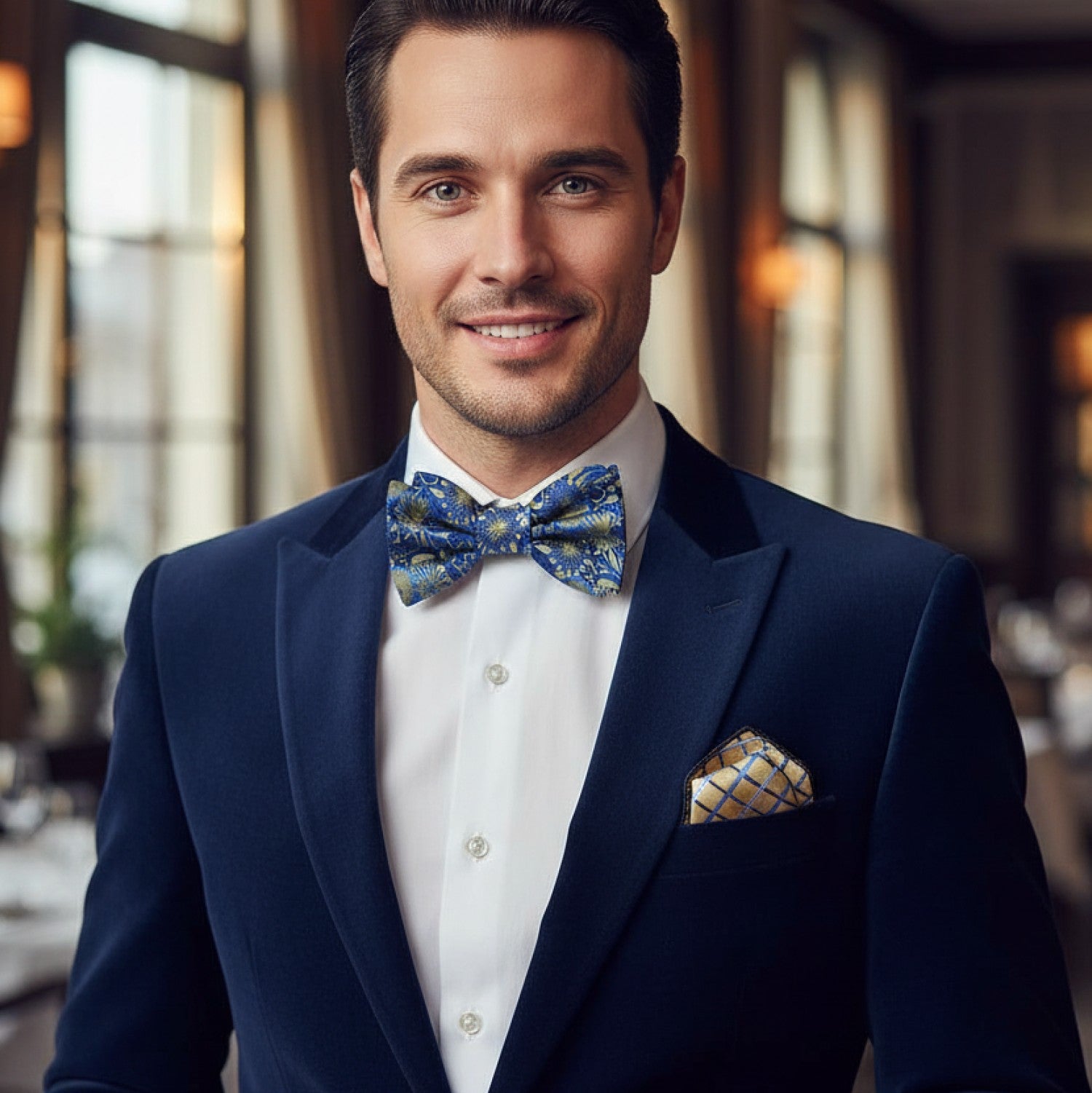 Man wearing a navy suit with a blue bow tie and pocket square in an indoor setting