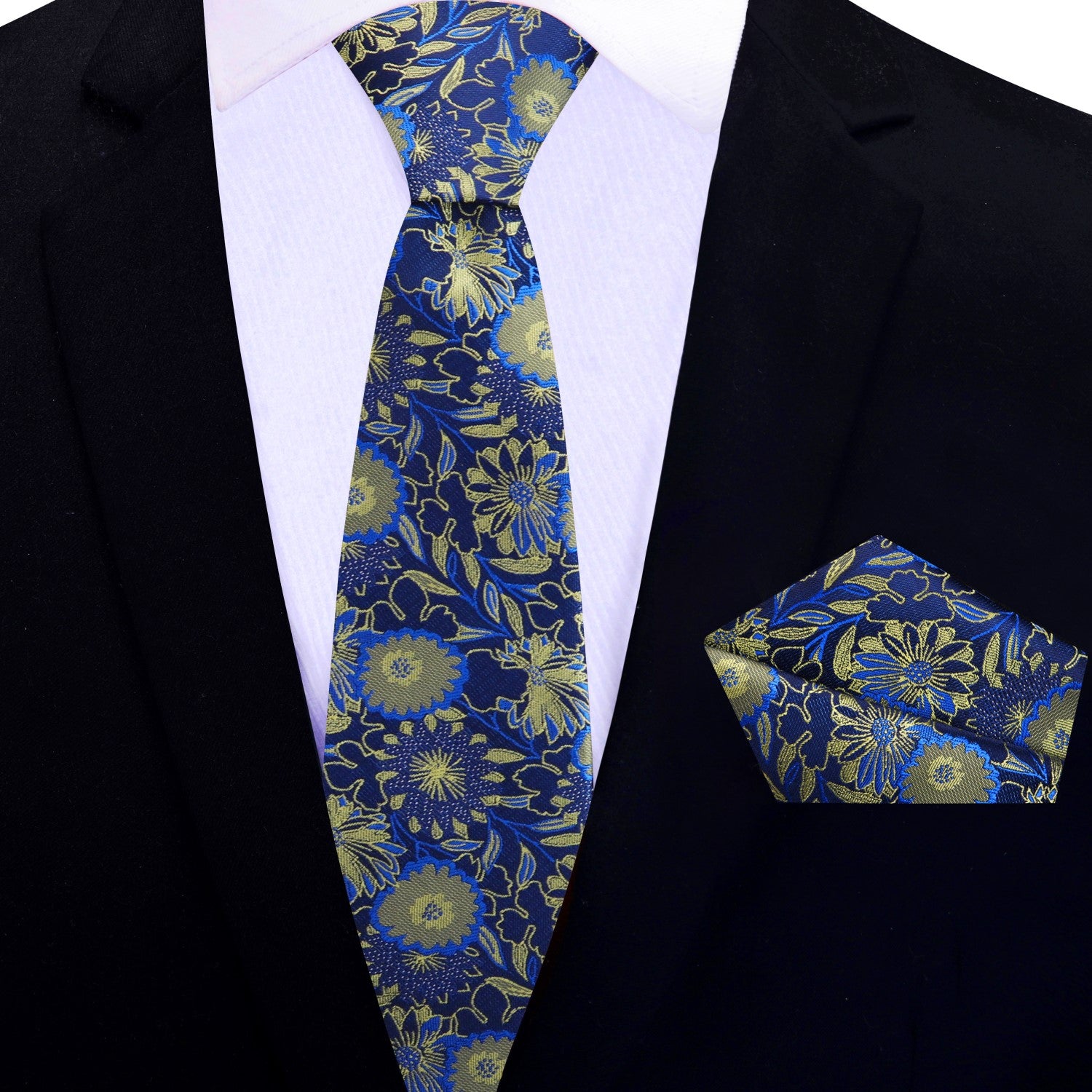 Thin Blue, Light Gold Flowers Tie and Square