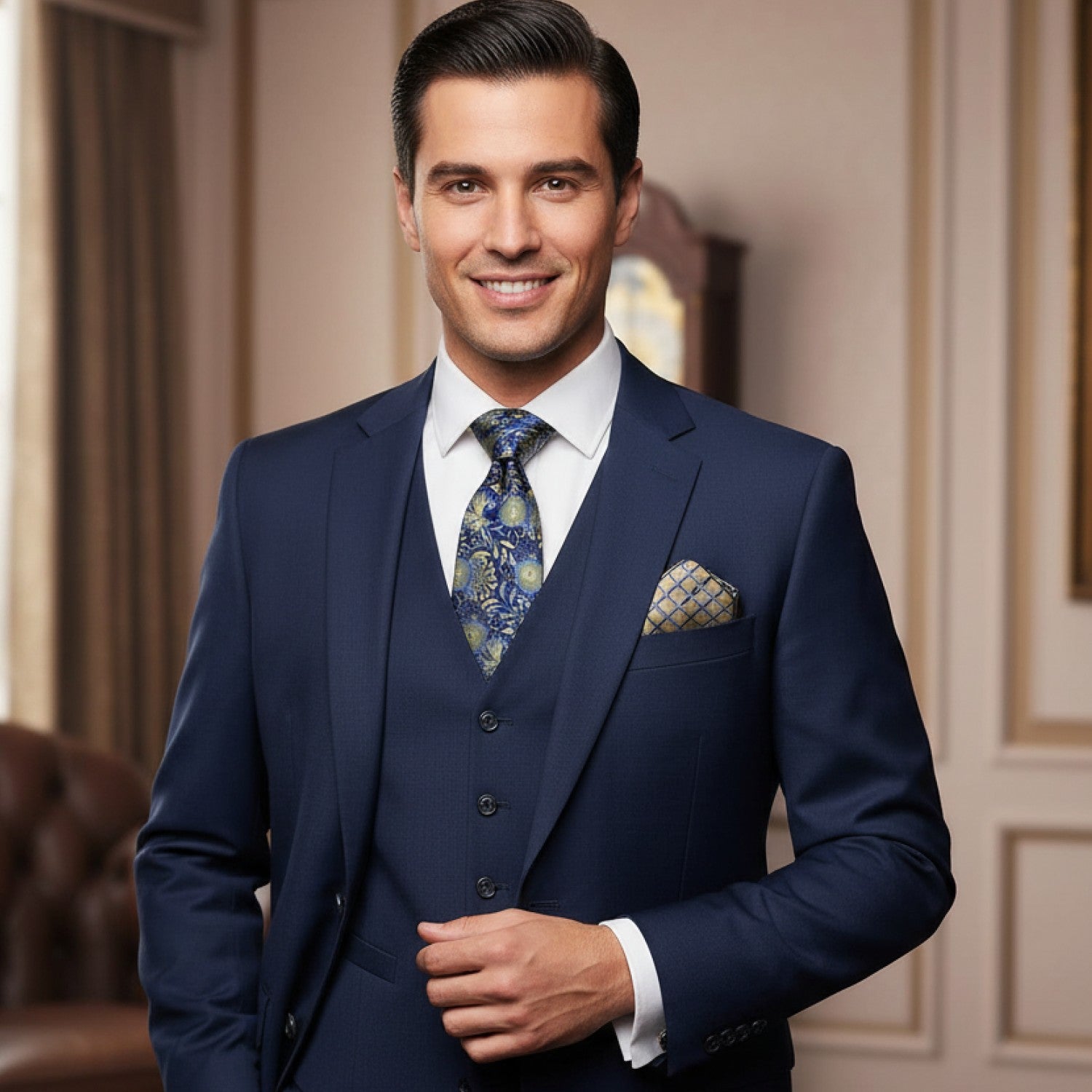 Man wearing a navy blue suit with a Dark Blue and Yellow Gold Floral Tie and Pocket Square