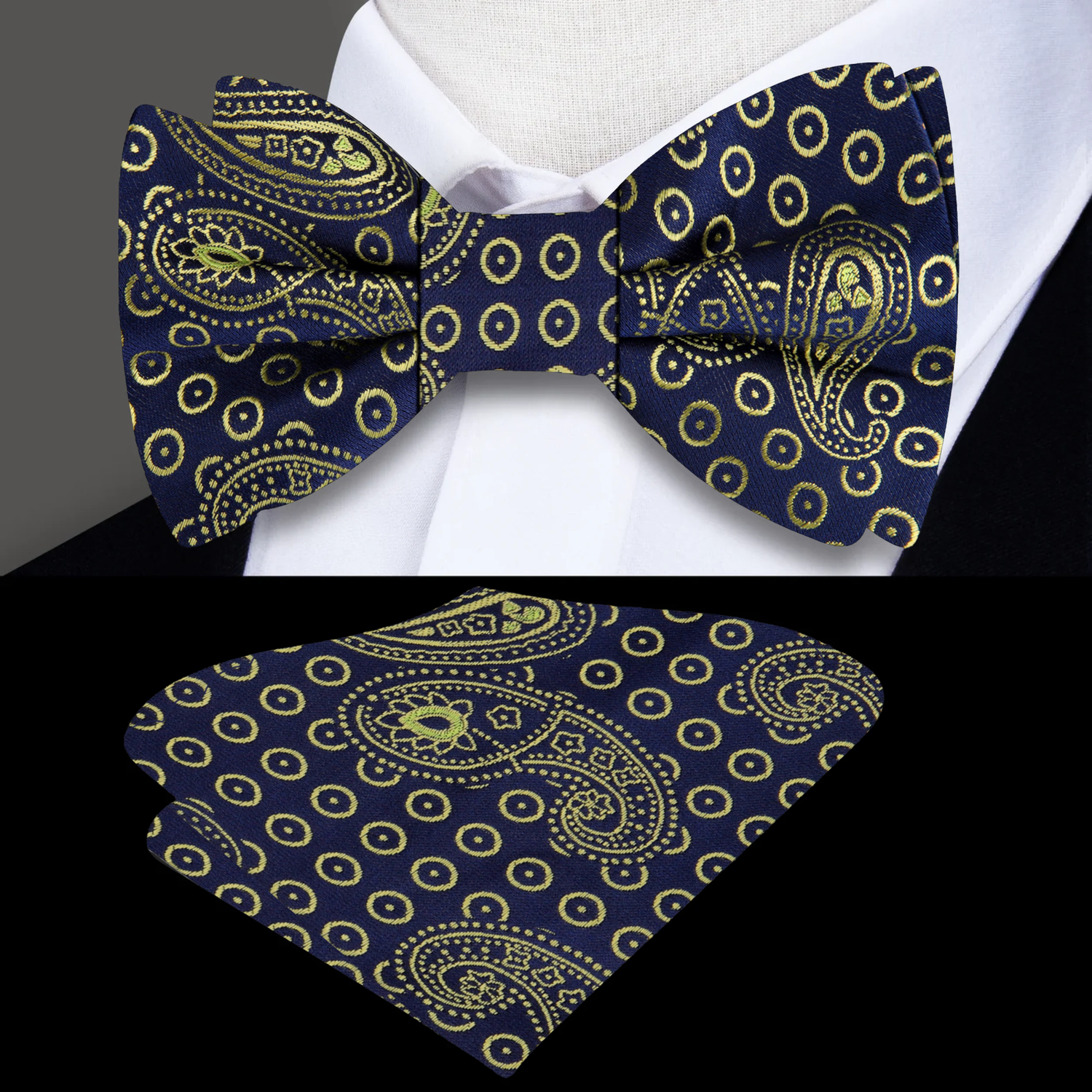 Blue, Light Gold Paisley Bow Tie and Square