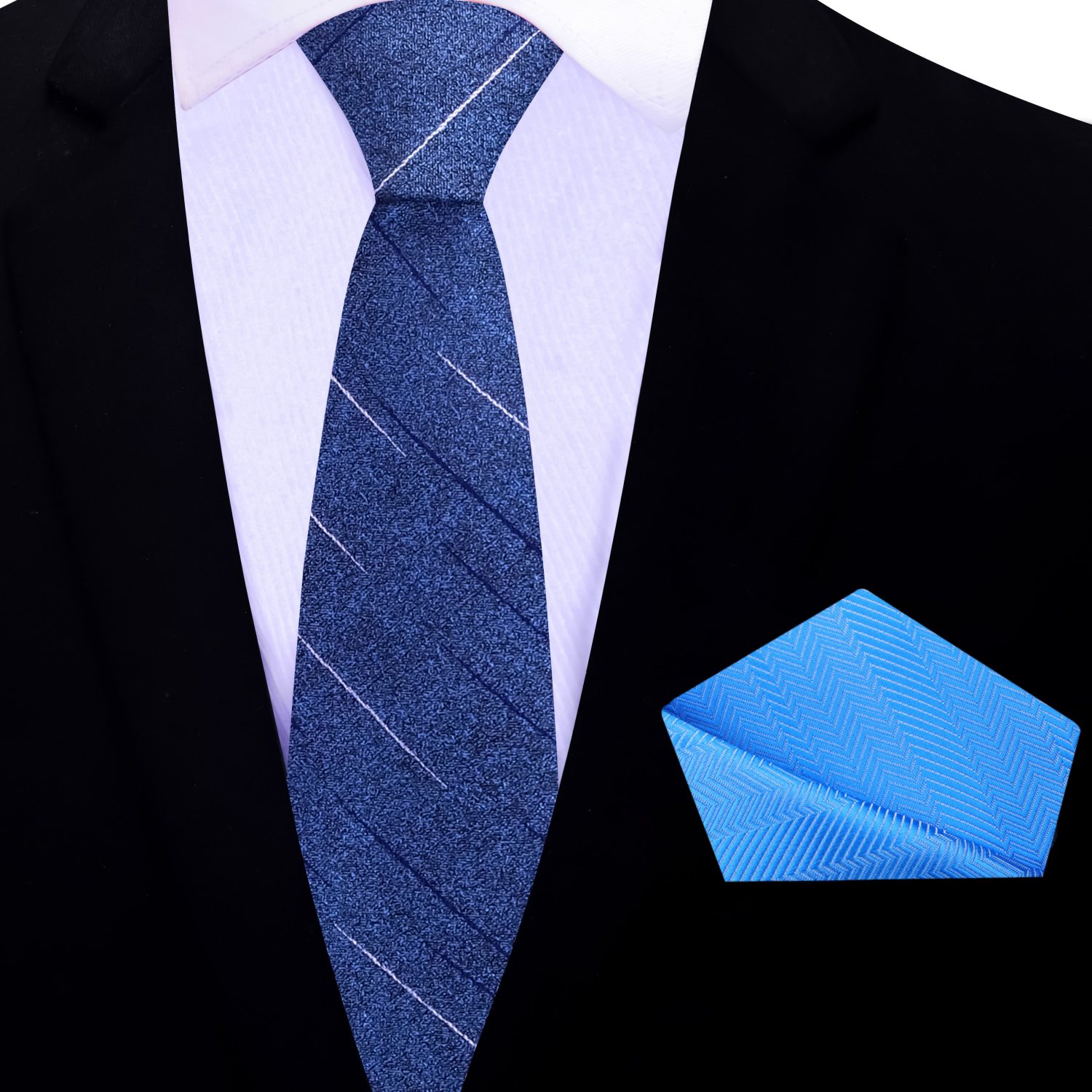 thin blue tie and light blue pocket square 