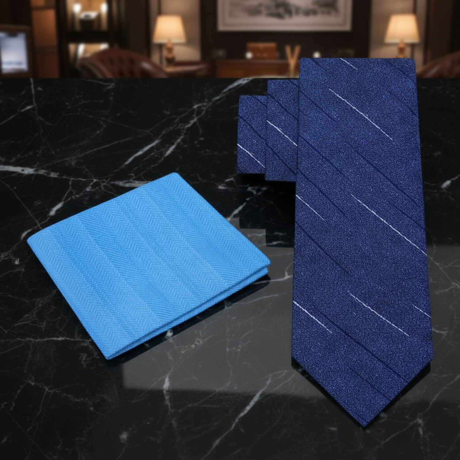 Alt blue tie and light blue pocket square 