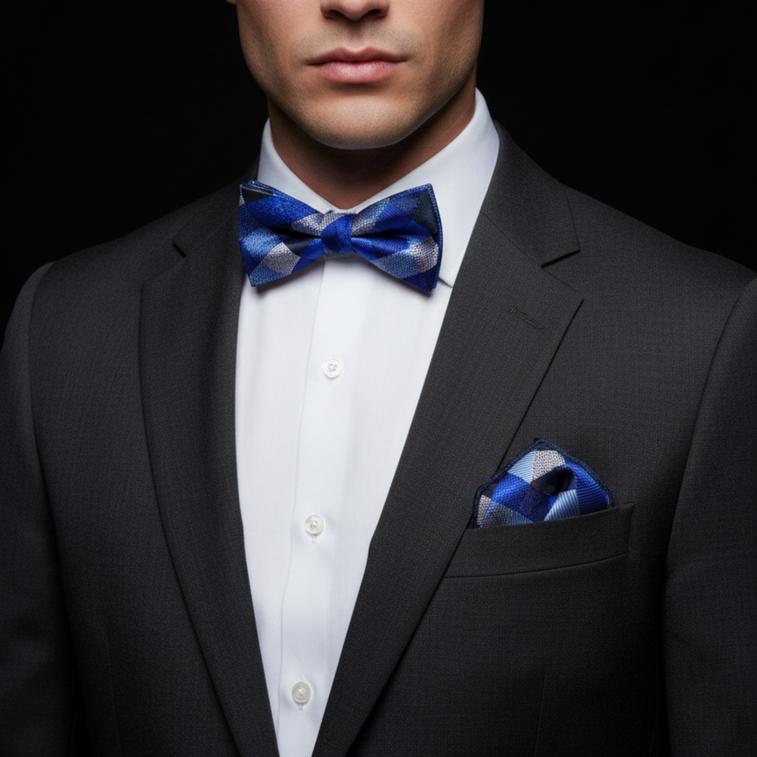 Man wearing a black suit with a blue checkered bow tie and pocket square against a dark background