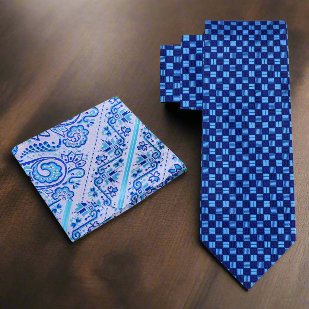 Alt Blue Geometric Necktie and Accenting Paisley Square
