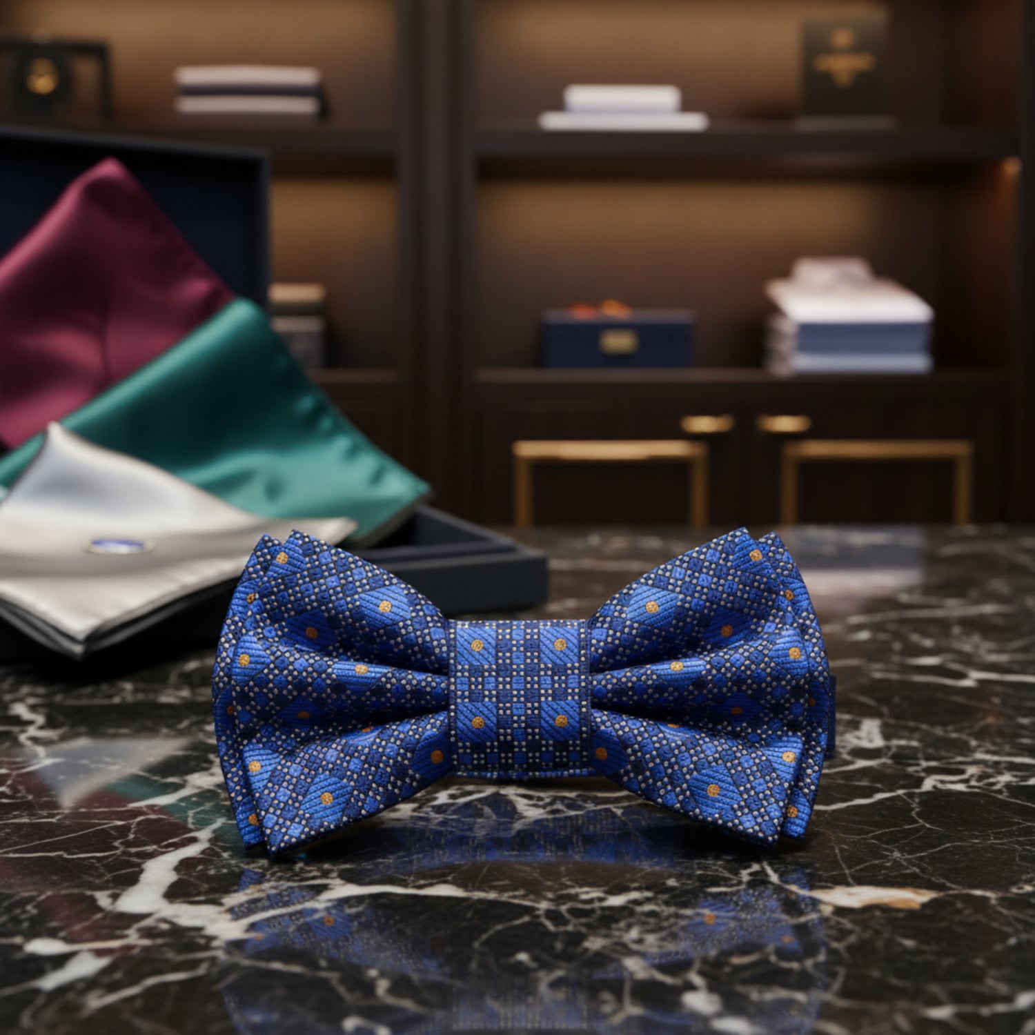 Shades of Blue Geometric Blocks Bow Tie Pre Tied
