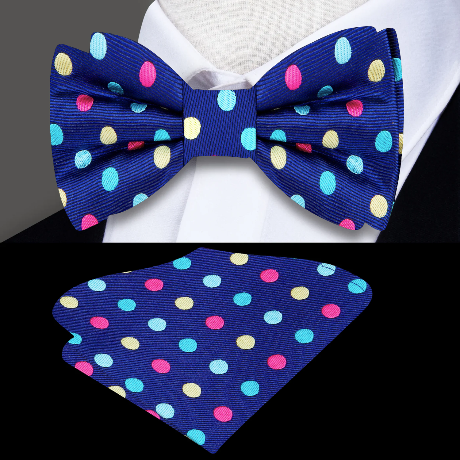 Main: Blue Polka Bow Tie and Pocket Square