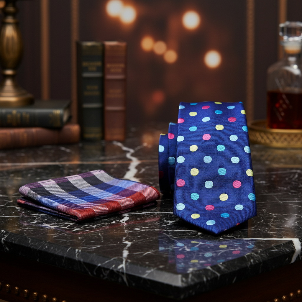 Blue with Multi Color Polka Tie and Accenting Pocket Square