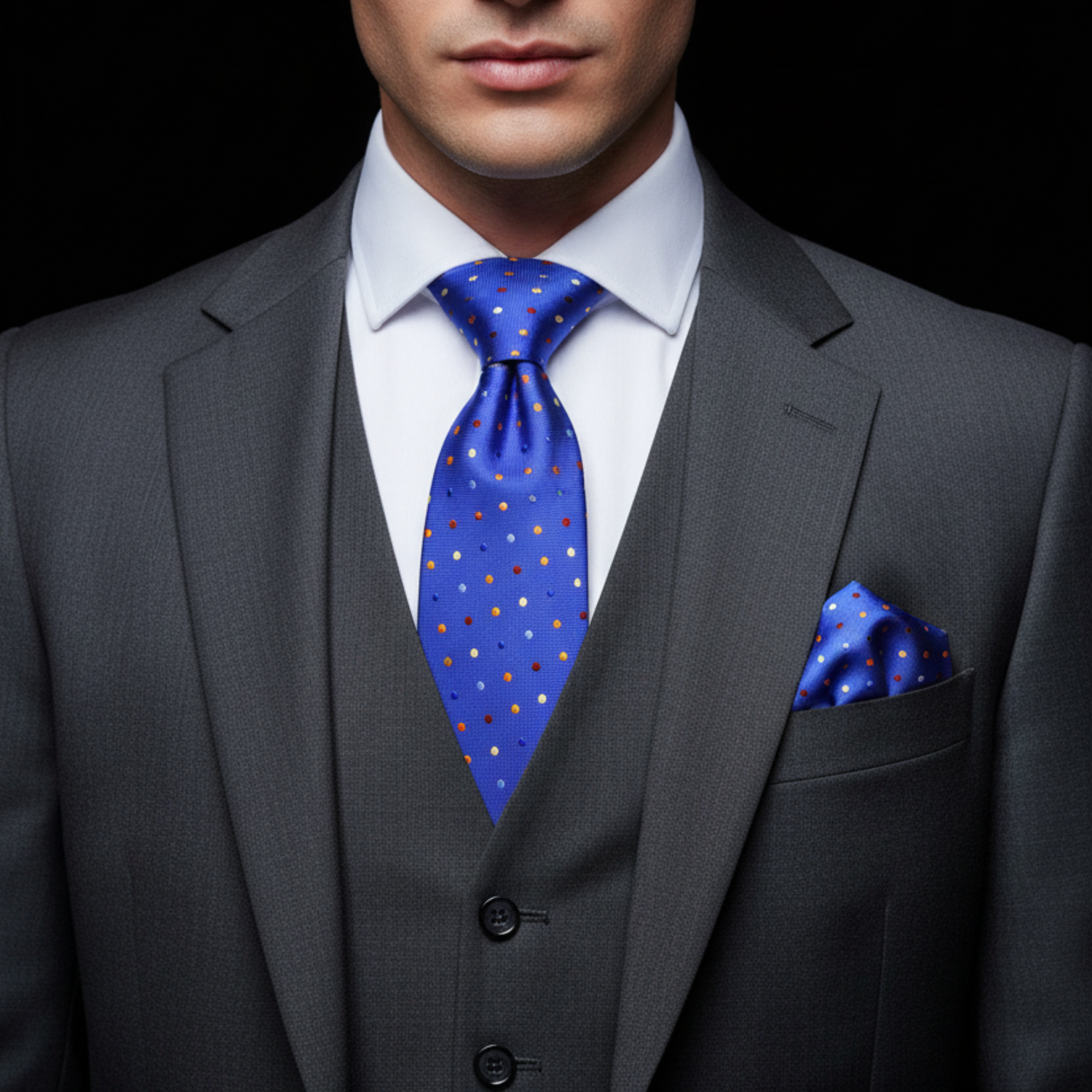 Man wearing a gray suit with a blue polka dot tie and pocket square on a black background