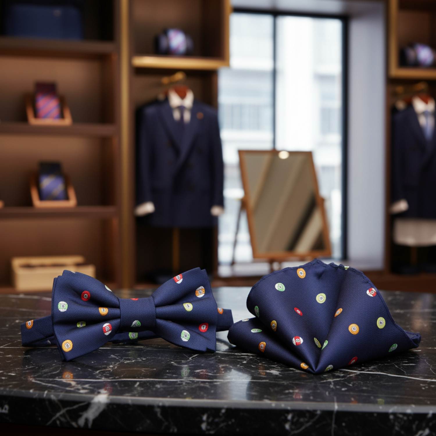 Blue with Multiple Colored Billiard Balls Bow Tie and Pocket Square