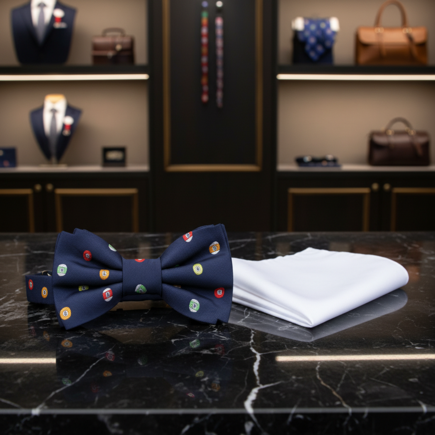 Blue with Multiple Colored Billiard Balls Bow Tie and White Pocket Square