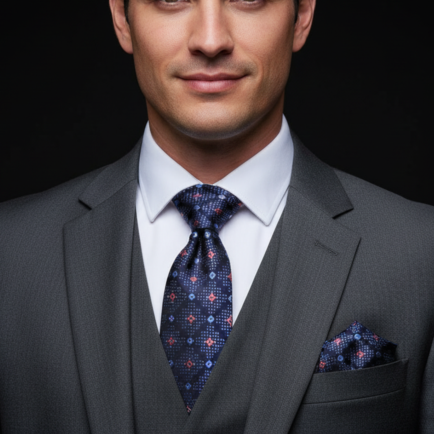 Man wearing a gray suit with a patterned tie and pocket square on a black background