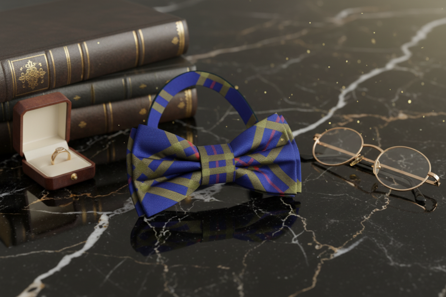 Cobalt Blue, Pale Olive, Pale Red Plaid Bow Tie Pre Tied