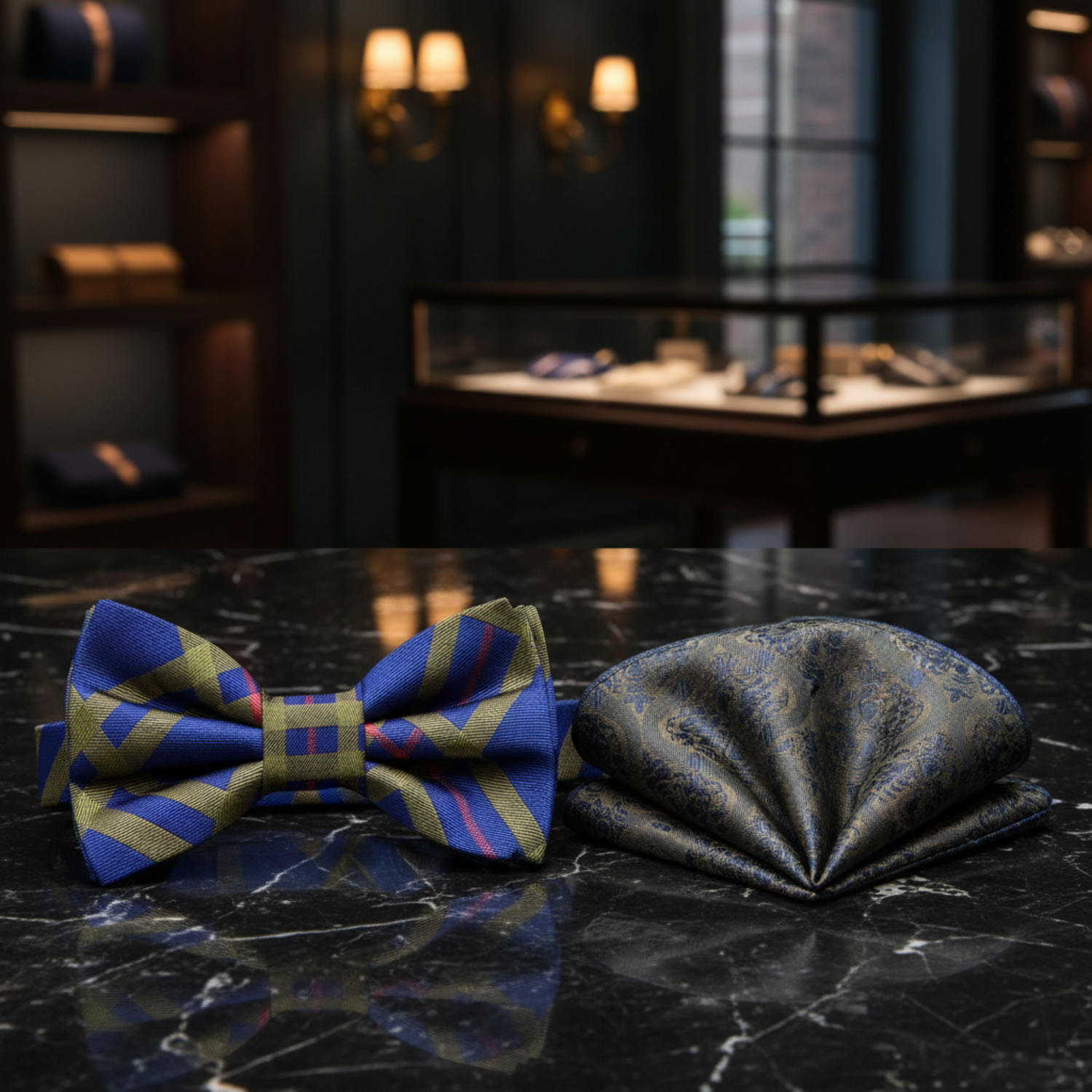 Cobalt Blue, Pale Olive, Pale Red Plaid Bow Tie And Accenting Pocket Square