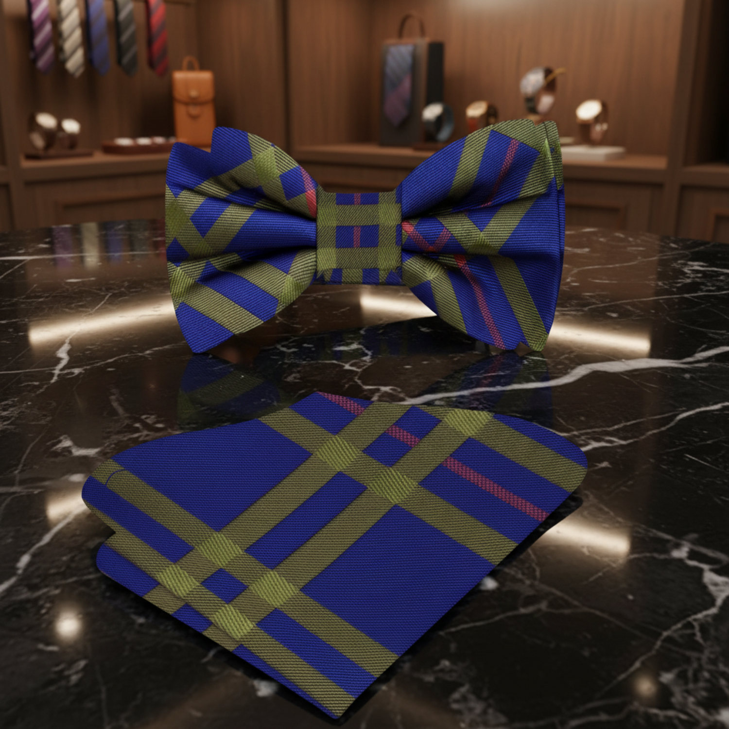 Cobalt Blue, Pale Olive, Pale Red Plaid Bow Tie And Pocket Square