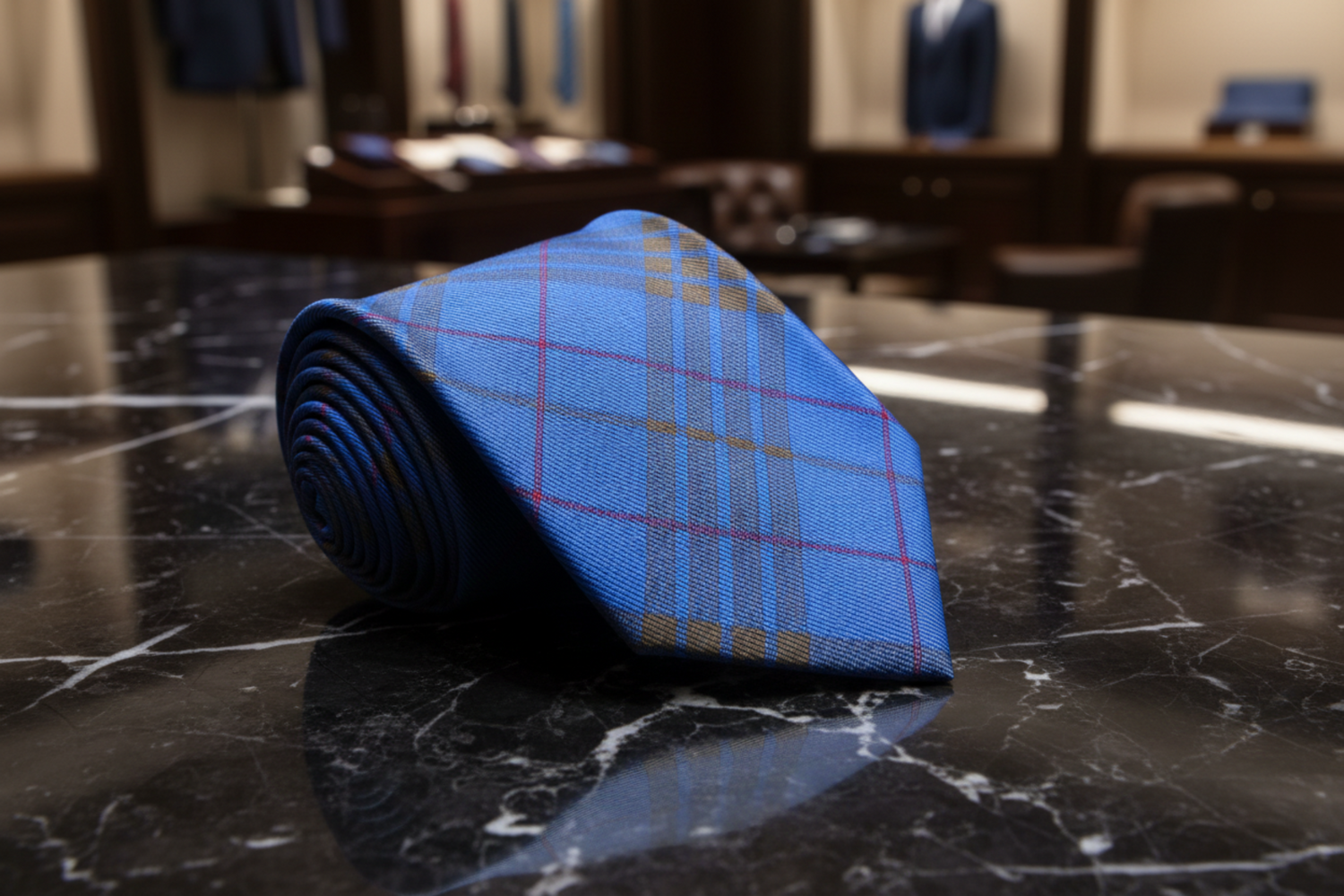 Single View: Blue, Olive Brown Plaid Necktie