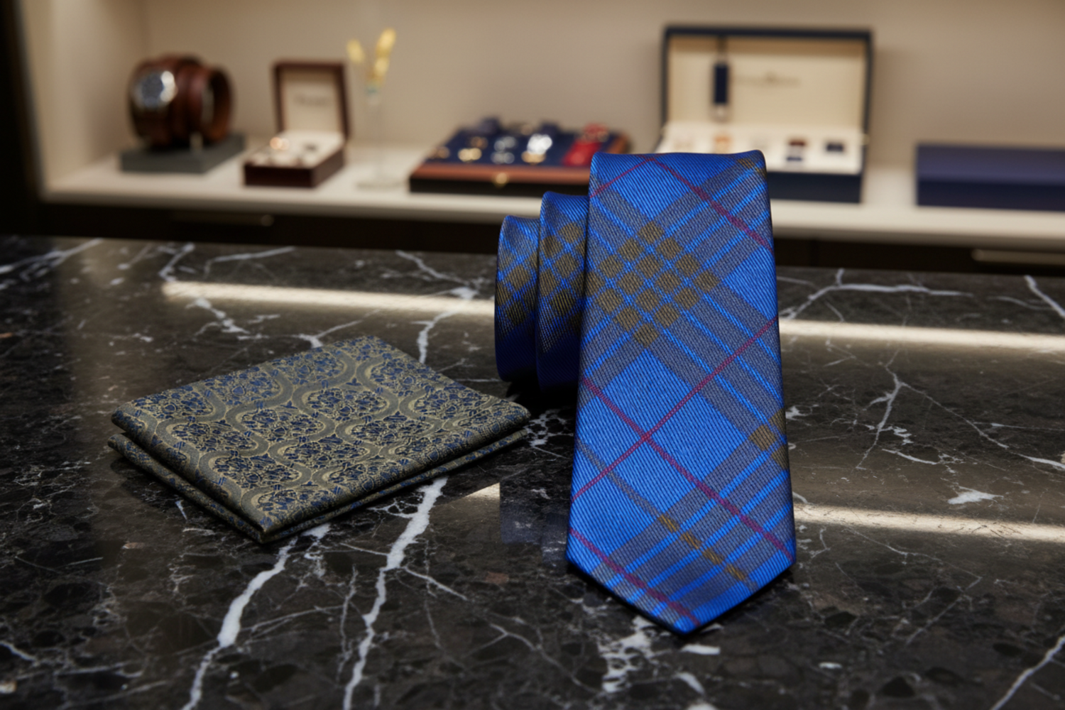 Alt View: Blue, Olive Brown Plaid Necktie and Accenting Olive Blue Abstract Square