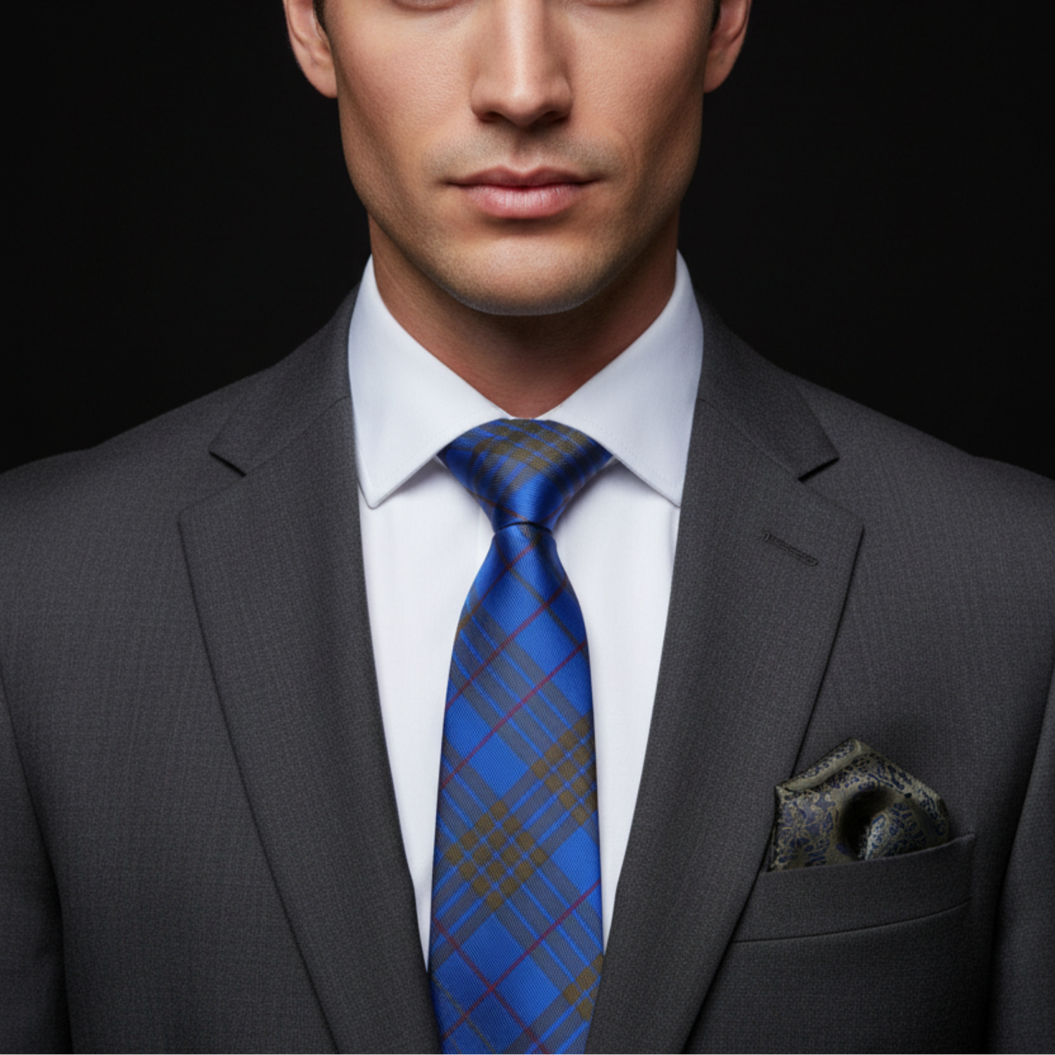 Man wearing a gray suit with a blue plaid tie against a black background