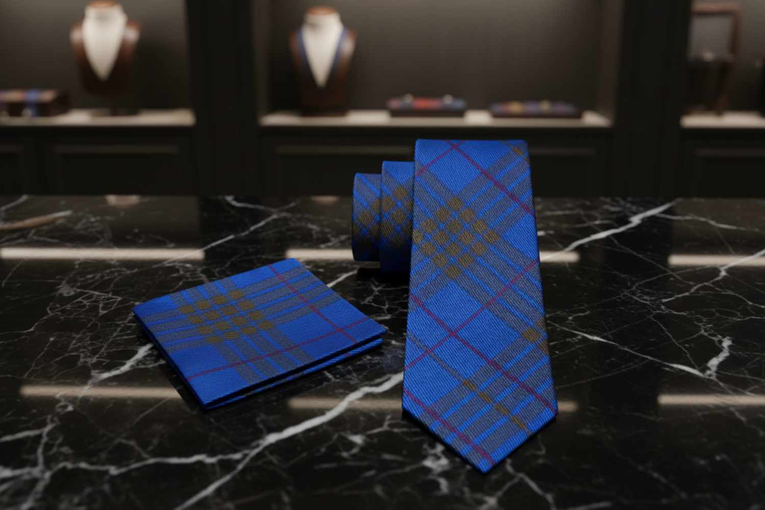 Alt View: Blue, Olive Brown Plaid Necktie and Square