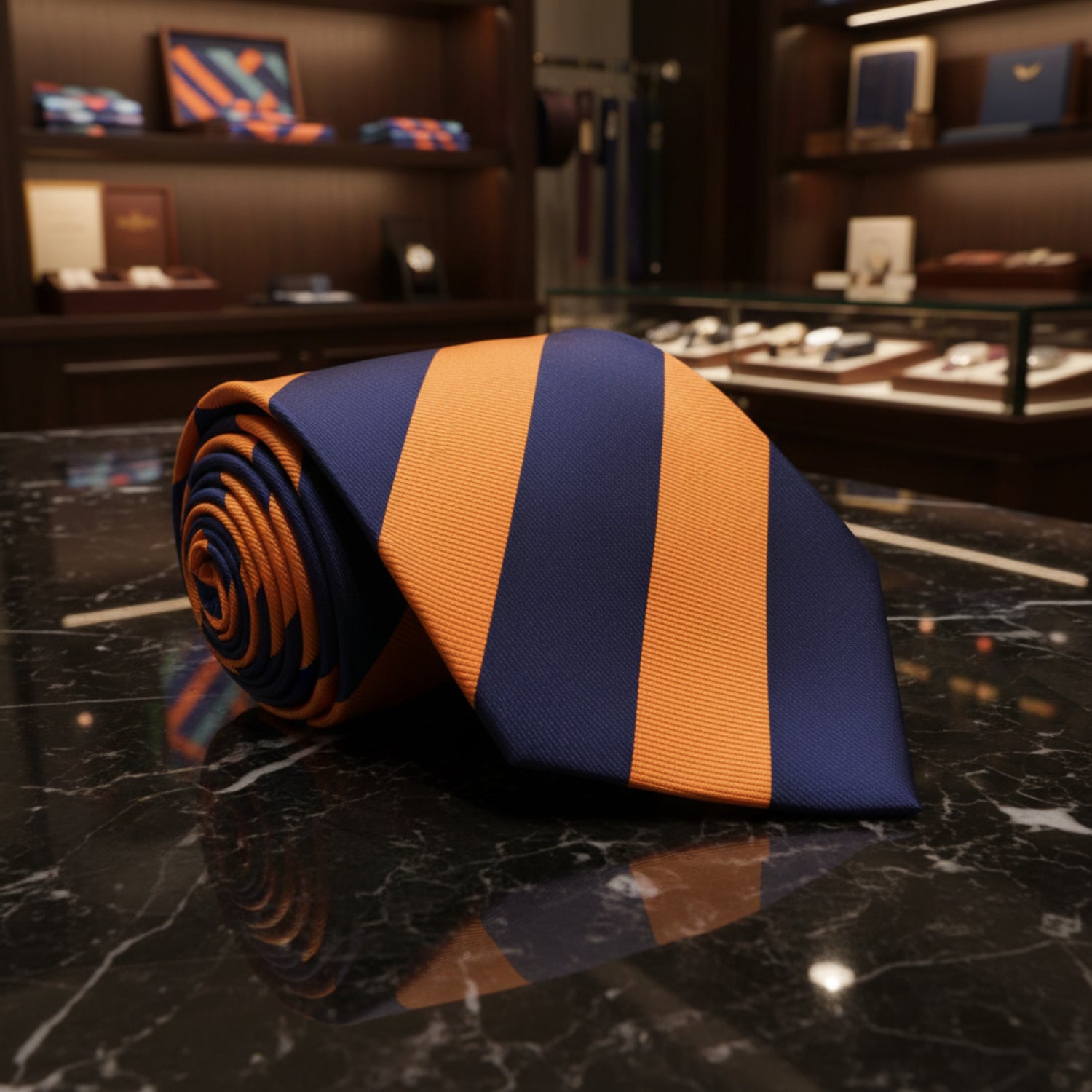 Navy and orange striped tie on a white background