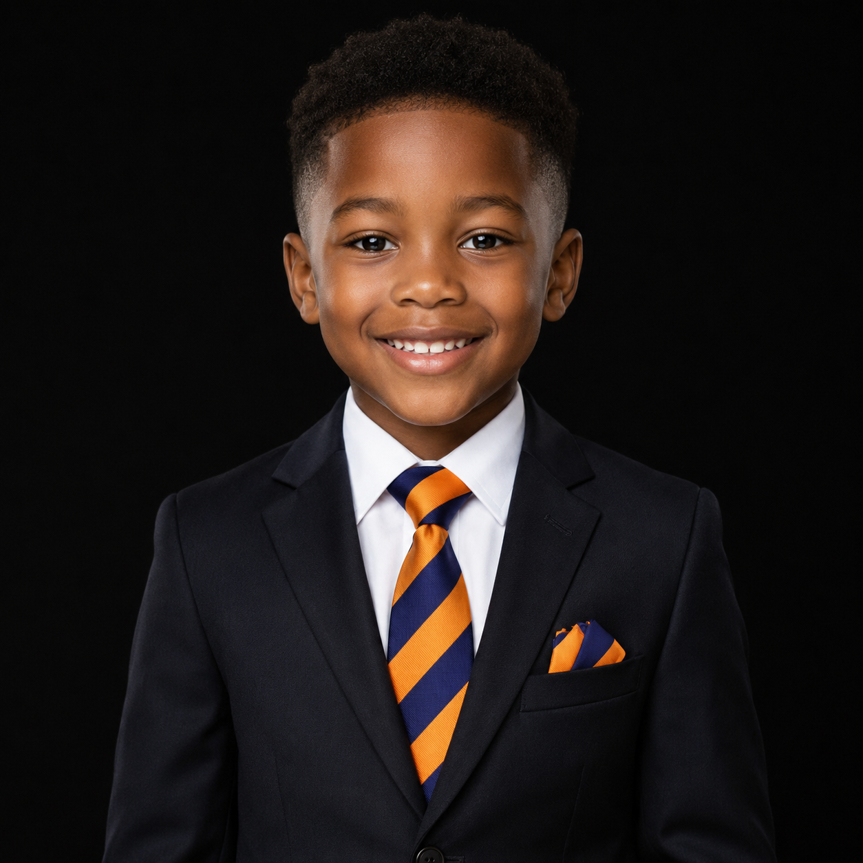 Young boy in a suit with an orange and blue striped tie on a black background