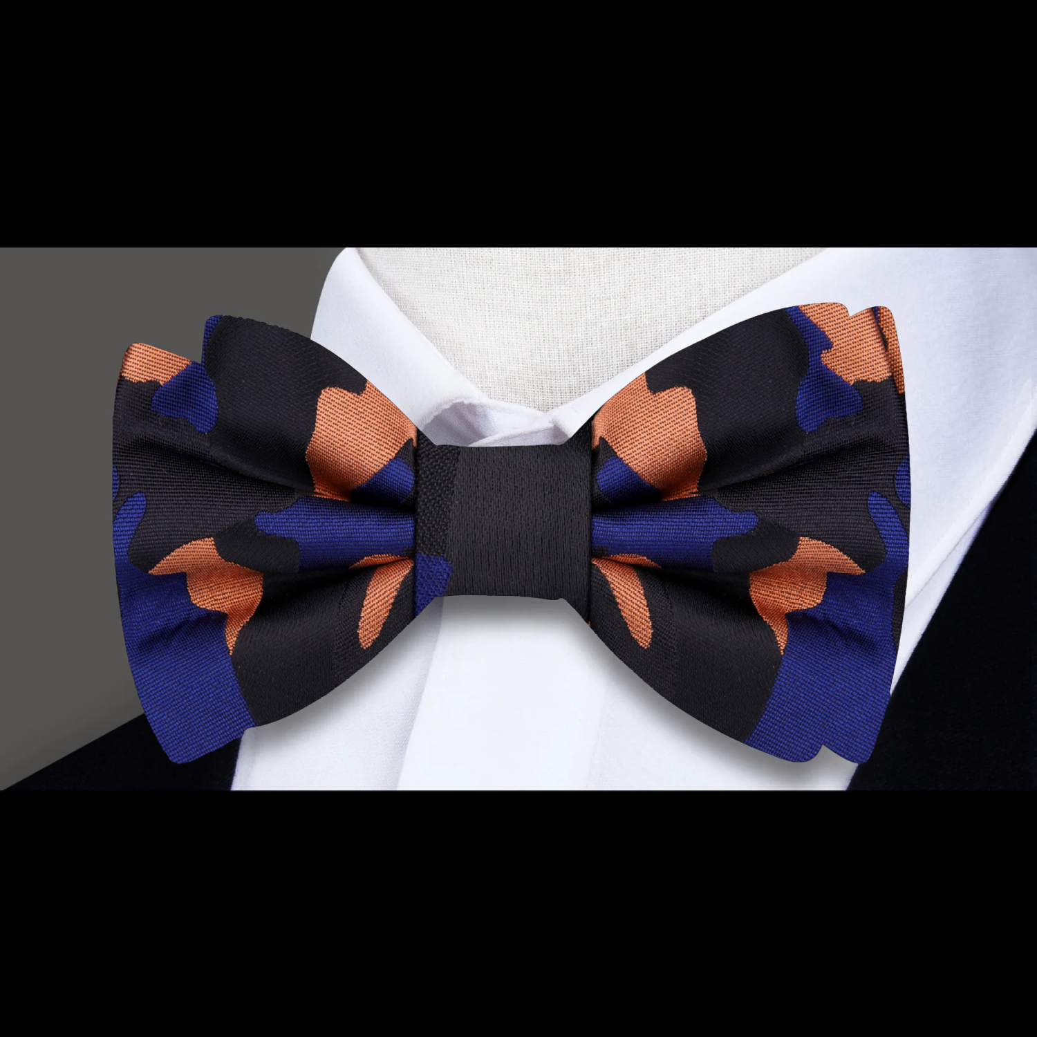 A Blue, Orange, Black Color Fleck Camouflage Pattern Bow Tie 