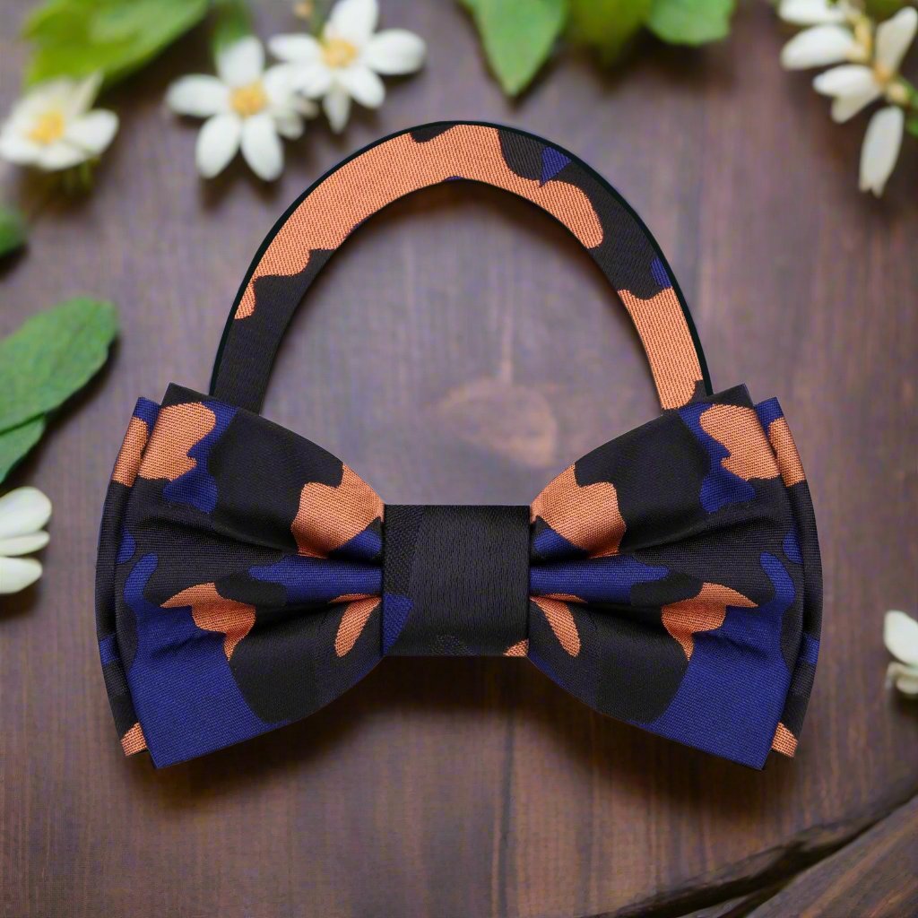 A Blue, Orange, Black Color Fleck Camouflage Pattern Bow Tie Pre Tied