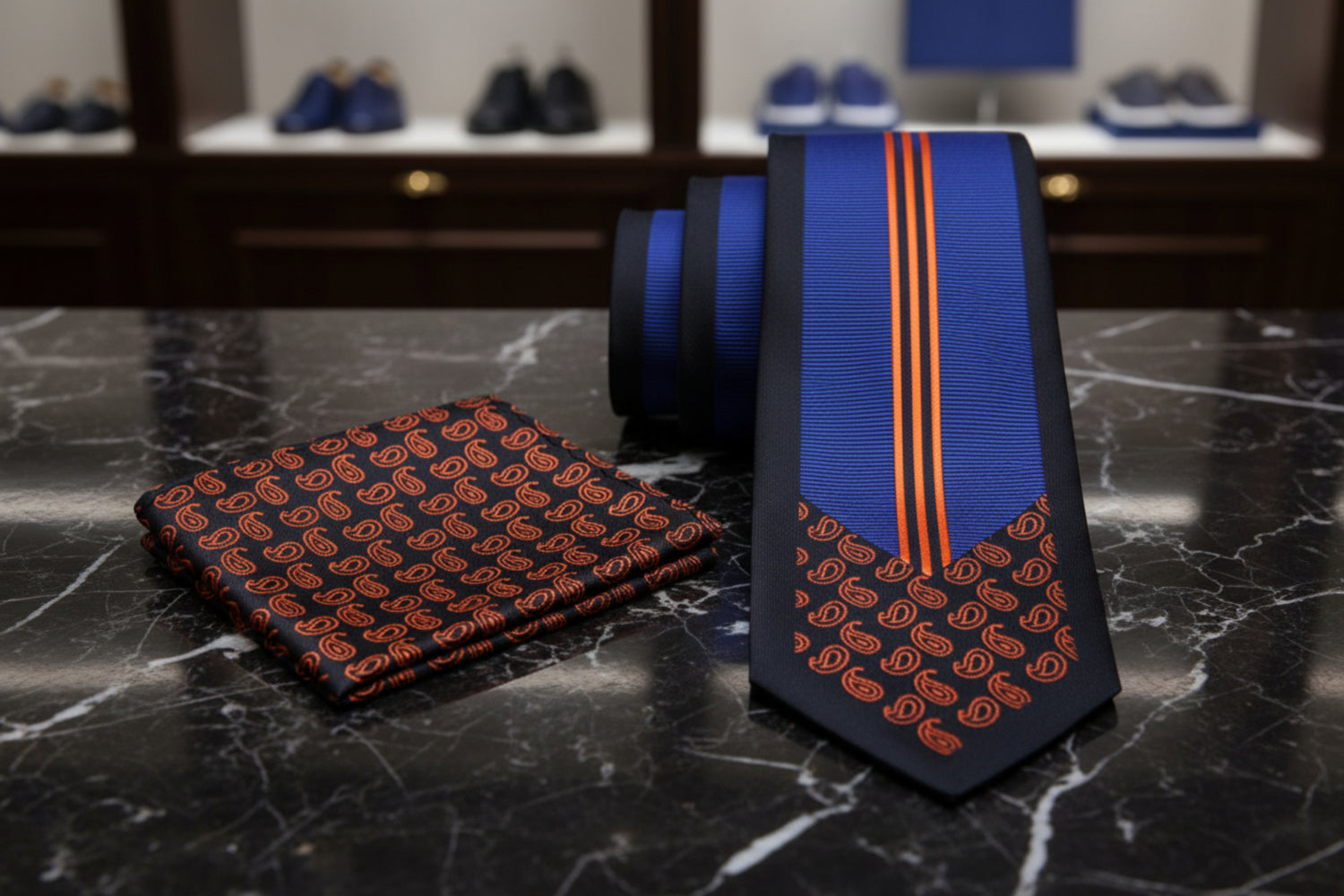Alt Primary Blue, Orange, Black Lines with Paisleys Tie and Square||Blue, Orange
